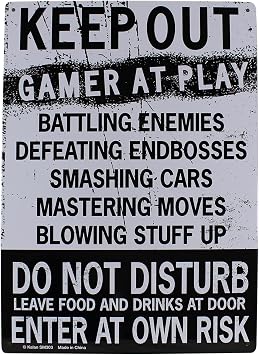 Keep Out Gamer At Play Metal Sign - Easy-to-Hang Wall Decor - Fun Tin Signs for Man Cave - Metal Dorm Room Decorations, Garage Signs, and Man Cave Signs