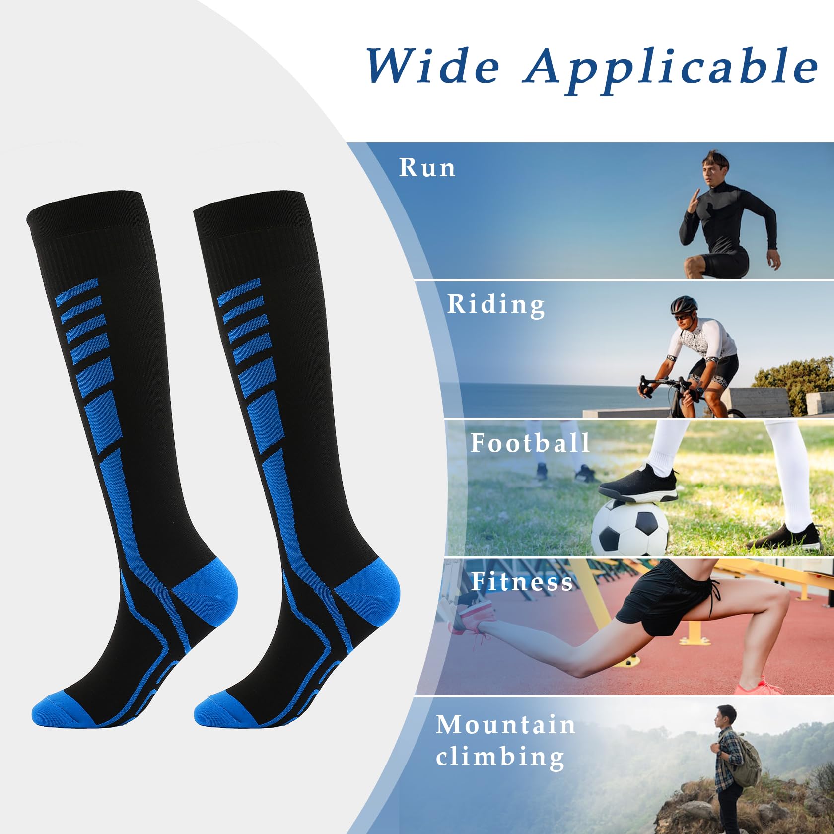 1 par de Calcetines de Compresión para Hombres y Mujeres, Medias de Compresión Graduada Hasta la Rodilla para Viajes en Avión, para Correr, Ciclismo y Esquí, L/XL, Negro y Azul