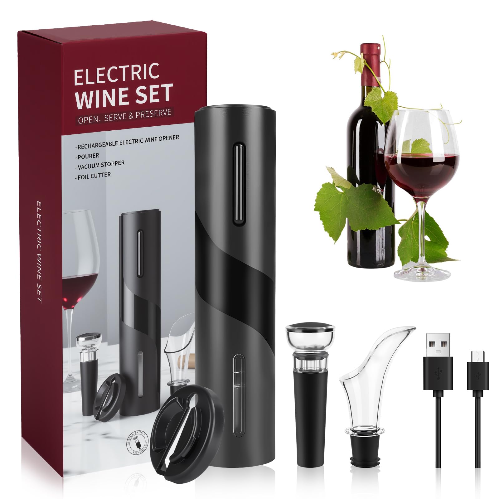 Sacacorchos Eléctrico Recargable, Juego de Regalo de Vino con corta cápsula, Boquilla Aireador, Bomba de Vacío y Cable USB del Abridor de Vino Electrico - Regalo hombre para amantes del vino