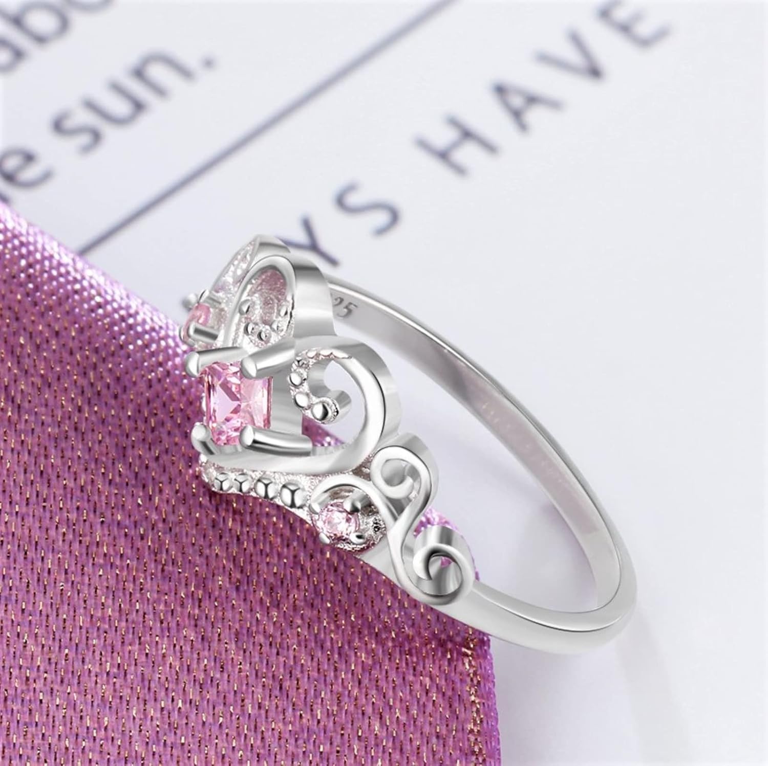 925 Sterling Silver Heart Shaped Princess Crown Ring with Pink Cubic Zirconia for Women, Wedding Engagement Promise Rings Set for Her