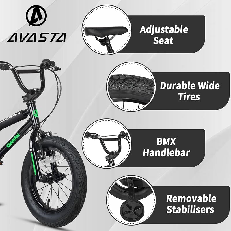 AVASTA Gyerek Kerékpár 12 14 16 Hüvelyk BMX Stílus Segédkerekekkel és Kitámasztóval 1-8 Éves Fiúknak Lányoknak Különböző Színekben