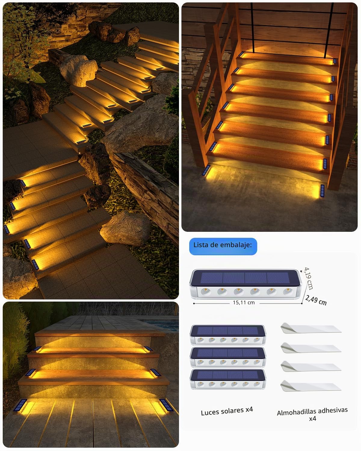 DetarZinLED Luces Solares LED Exterior Jardin, 4 uds Luces Solares Exterior Luz LED Escaleras Impermeable IP68, Blanco Cálido Luz Exteriores Solar para Escaleras, Jardin, Patios, Terraza, Valla, Deck
