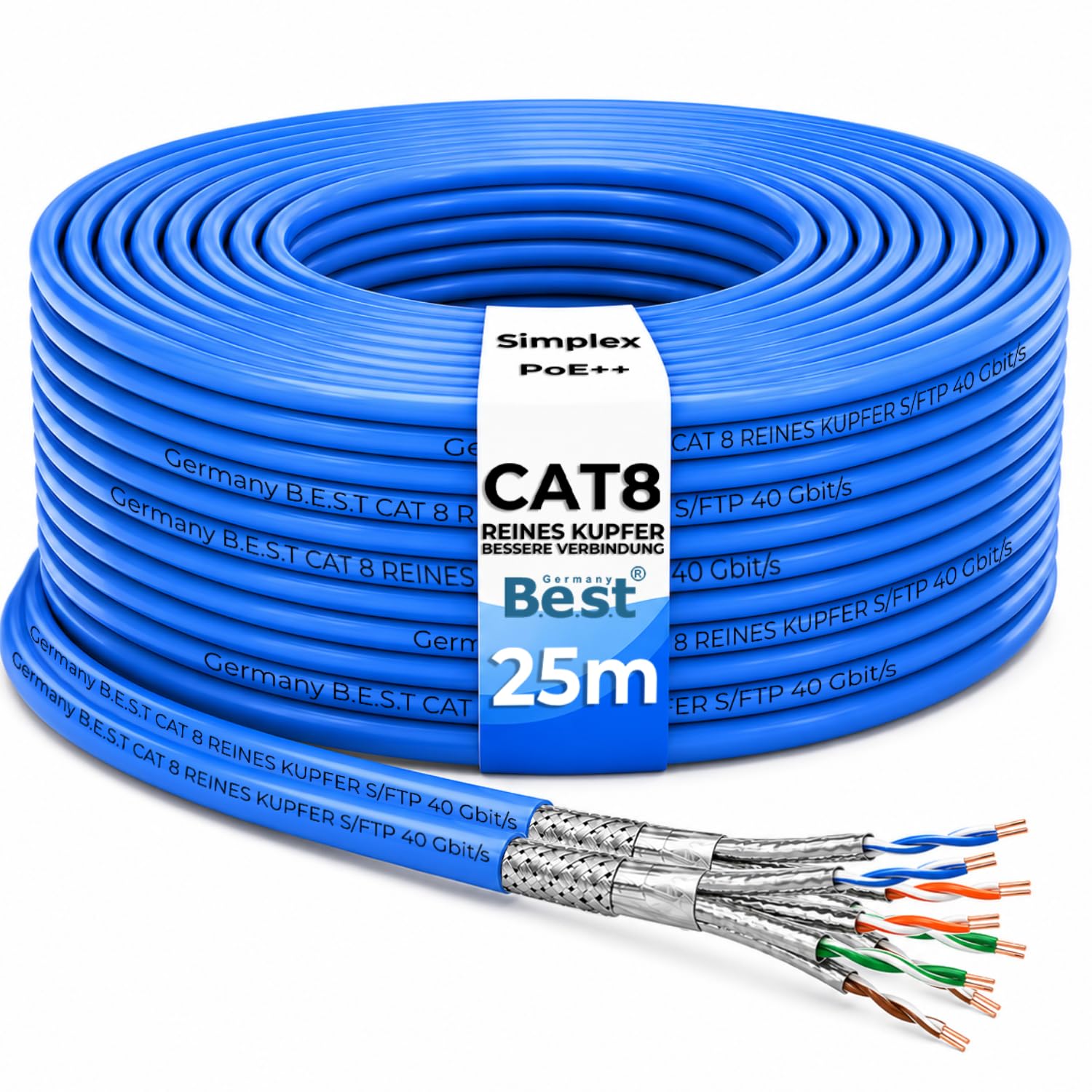 Germany B.e.s.t Cable de red de 25 m CAT 8 Duplex, cable de instalación, cable de cobre LAN, cable Ethernet S/FTP 40 Gbps Cat 8 de cobre puro, cable de datos PoE++, LSZH, cable de datos
