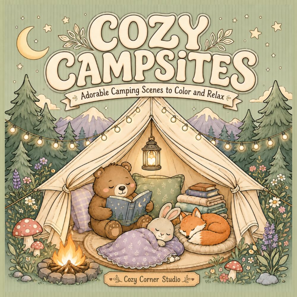 COZY CAMPSITES: A Relaxing and Cozy Stress Relief Coloring Book for Adults and Teens
