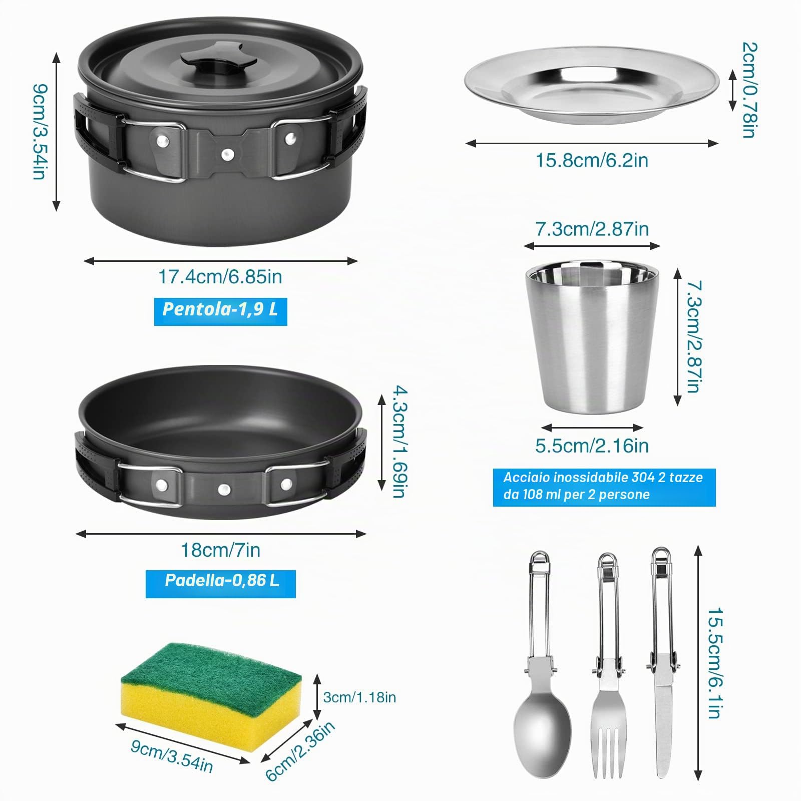 Queta Set di pentole da campeggio, 17 pezzi, per 2-3 persone, per campeggio, escursioni, picnic, barbecue, certificato Fda