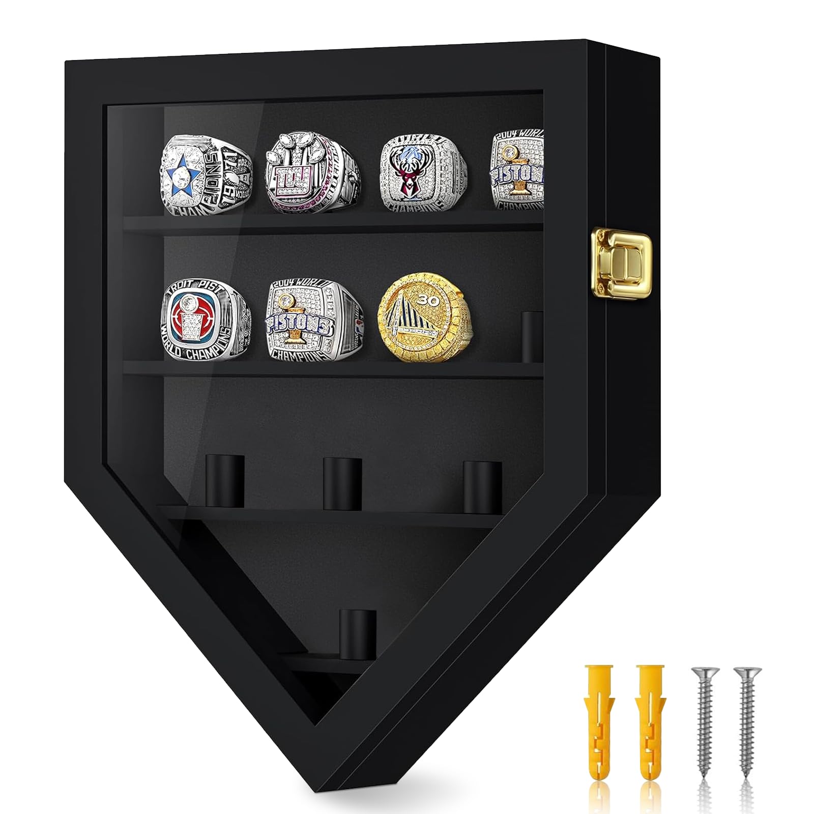 Wooden Championship Ring Display Case: 12 Ring Posts Sports Ring Display Case - Sport Ring Box Wall Ring Display for Baseball Football Softball Award Rings