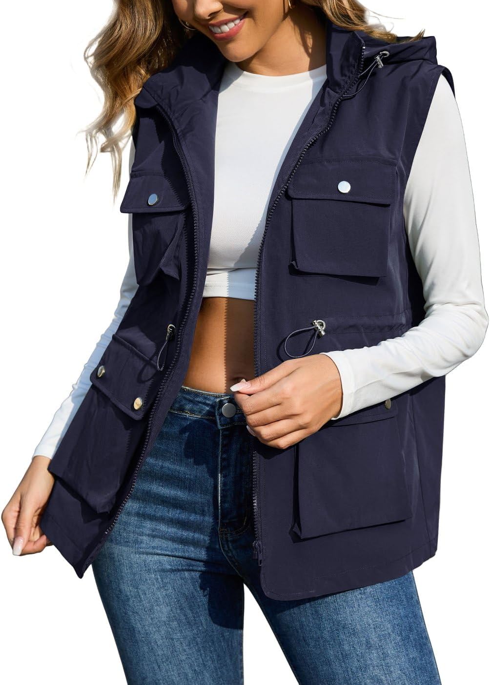 PESION Womens Packable Military Utility Vests Outerwear Waterproof Windbreaker Jacket Cargo Vest with Removable Hood