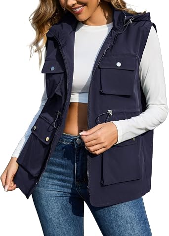 PESION Womens Packable Military Utility Vests Outerwear Waterproof Windbreaker Jacket Cargo Vest with Removable Hood