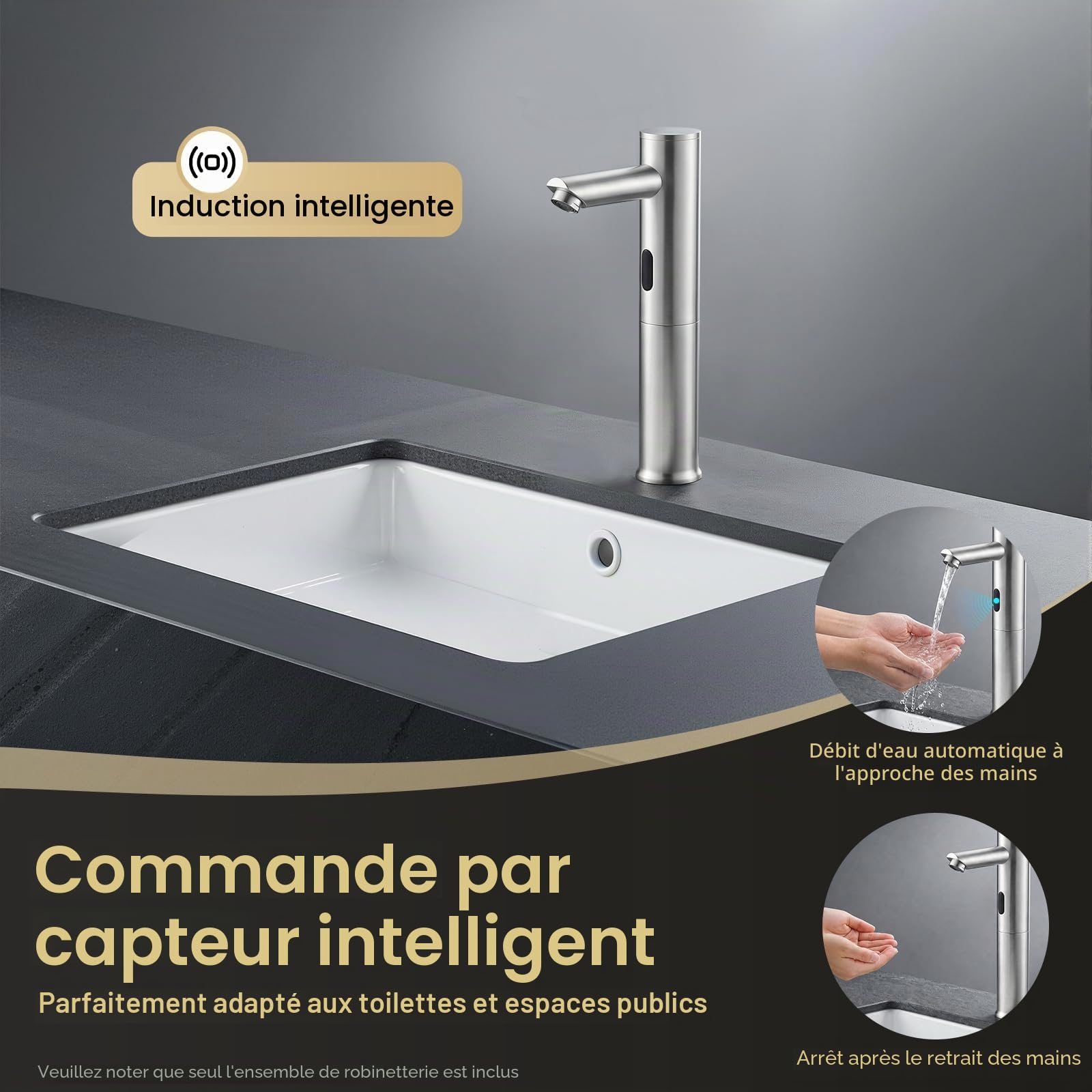 Robinet Infrarouge,Mitigeur Lavabo Sans Contact, Robinet Capteur Automatique Chromé Design Cylindrique Moderne, Mains Libres Hygiénique pour Salle de Bain Cuisine, Économie d'Eau, Hauteur 26,5cm