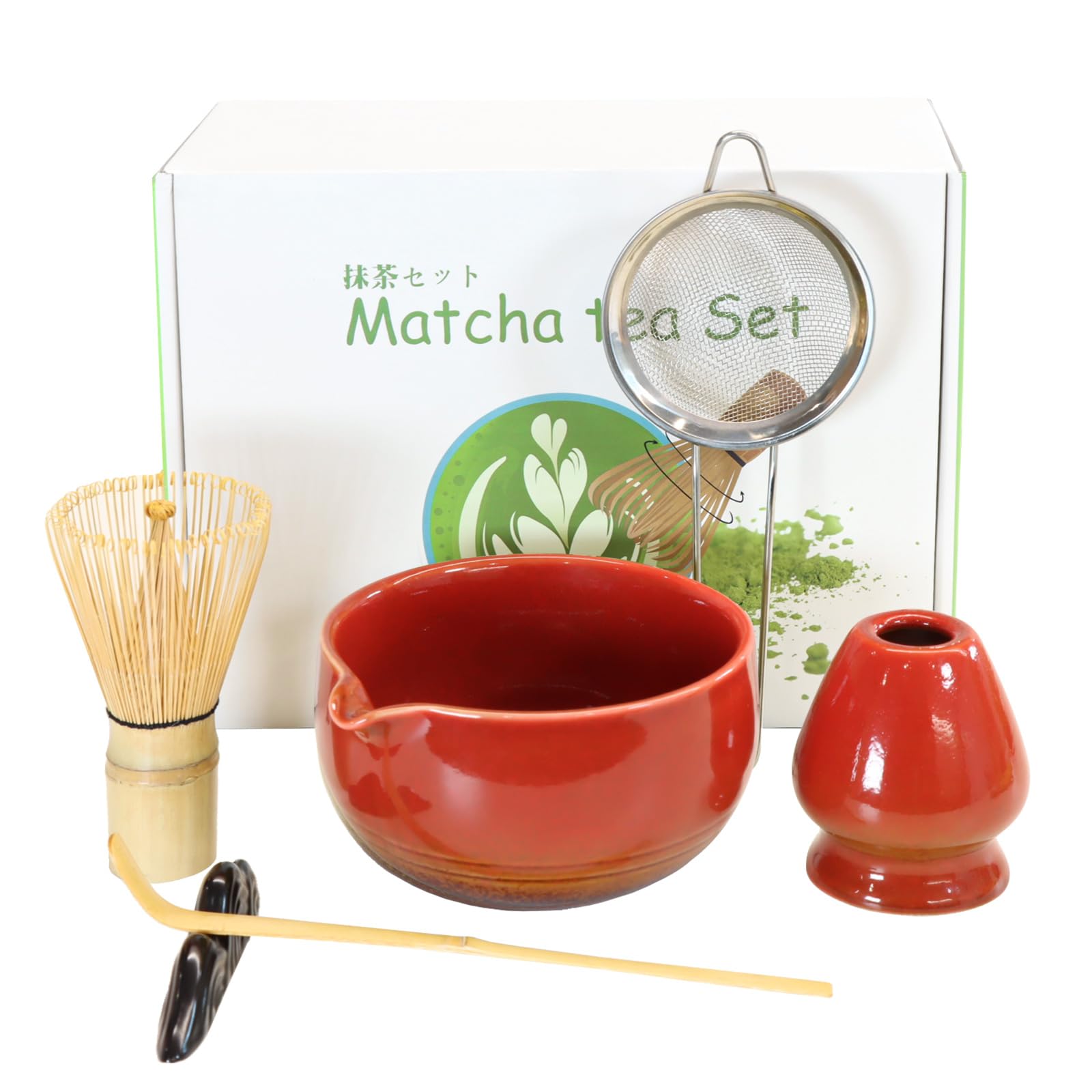 Matcha Set Handgedrehtes Matcha Tea Set mit Bambus Matcha Besen, Keramik Matcha Schale, Löffel und Halter, 7 Stk Prämie Ceremonial Matcha Set