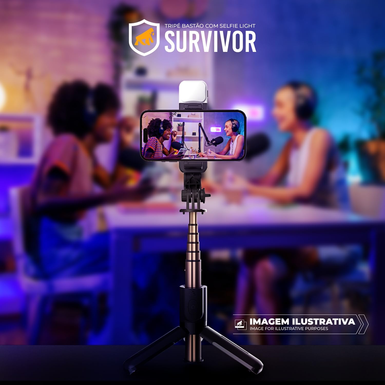 Gshield Tripé Bastão Multifuncional com Iluminação Flash Selfie Light Ajustável e Controle Bluetooth Removível, Survivor