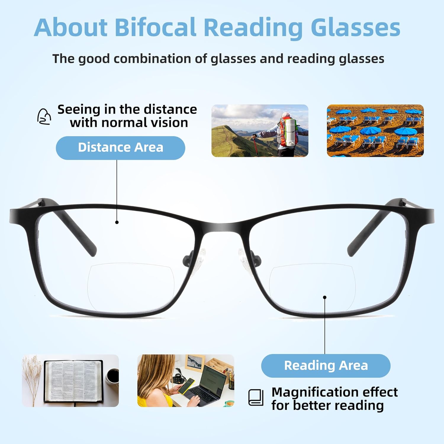Pack 2 Bifocal Reading Glasses For men,Blue Light Blocking Computer Reduce Eyestrain Metal Frame Eyeglasses - Image 3