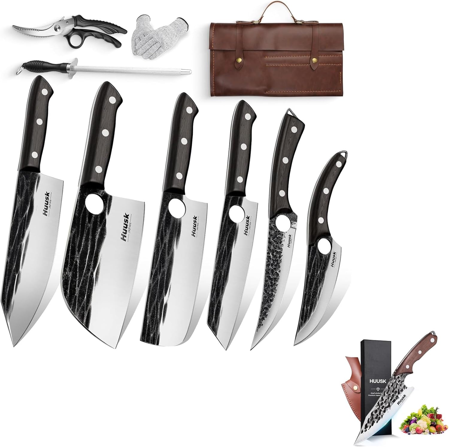 Huusk Knives Set Serbian Chef Knife Set with Bag Japanese Hand Forged Kitchen Knife Set