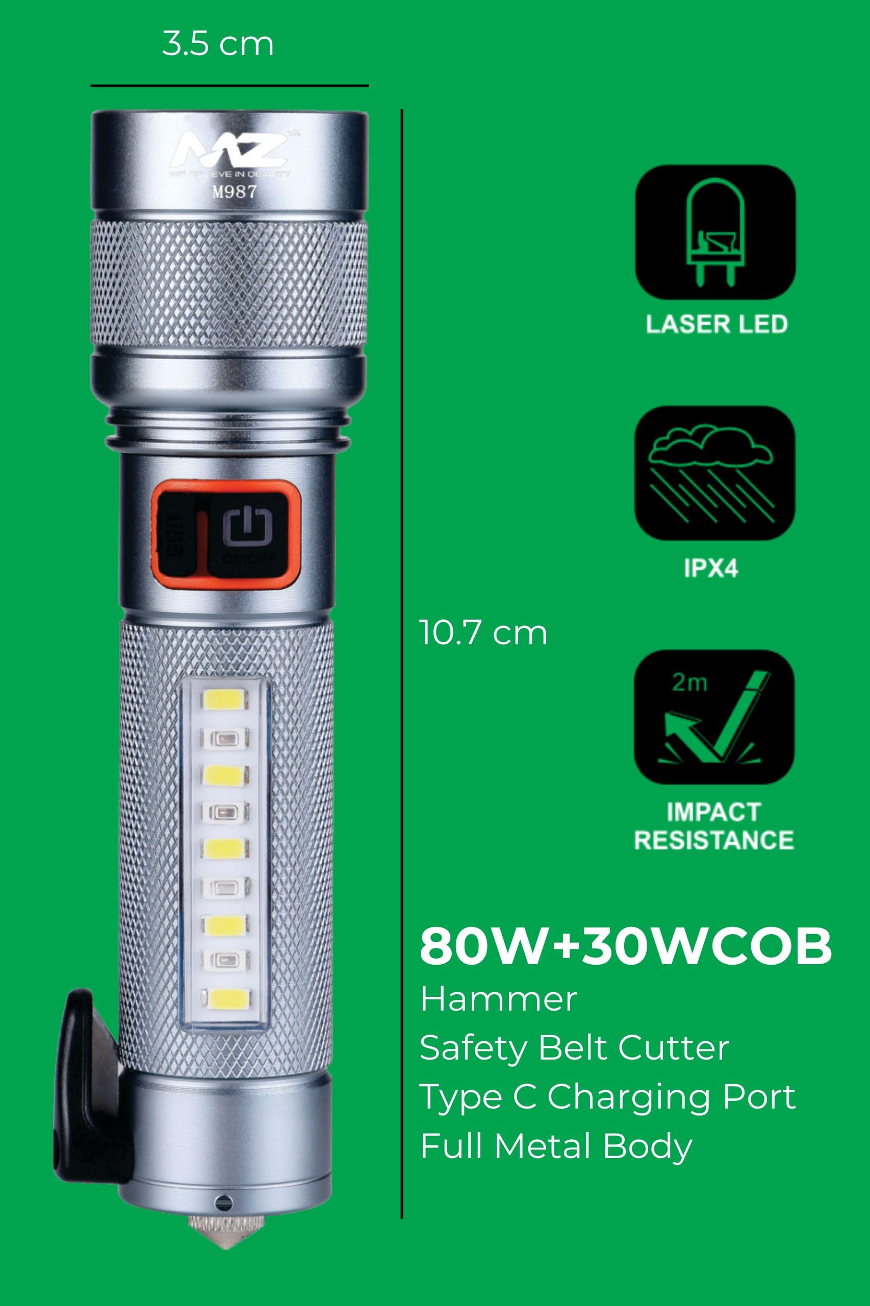 MZ M987 Car Emergency Light - Silver | Comes up in 4 Modes with