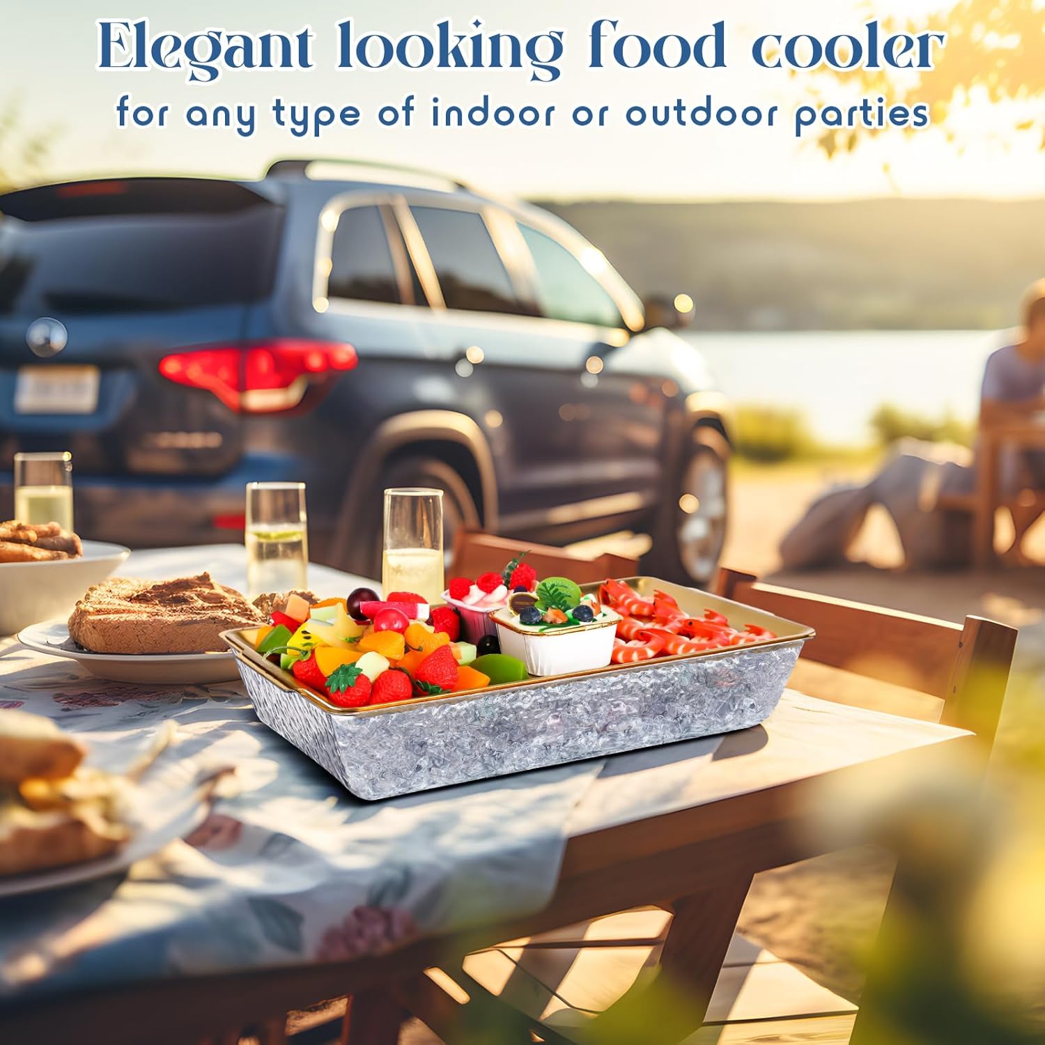 Baderke 3 Set 16" x 9'' Chilled Serving Tray for Parties with Compartments Rectangle Serving Dish Ice Charcuterie Party Platter for Shrimp Fruit Seafood Vegetable Appetizer (Gold)