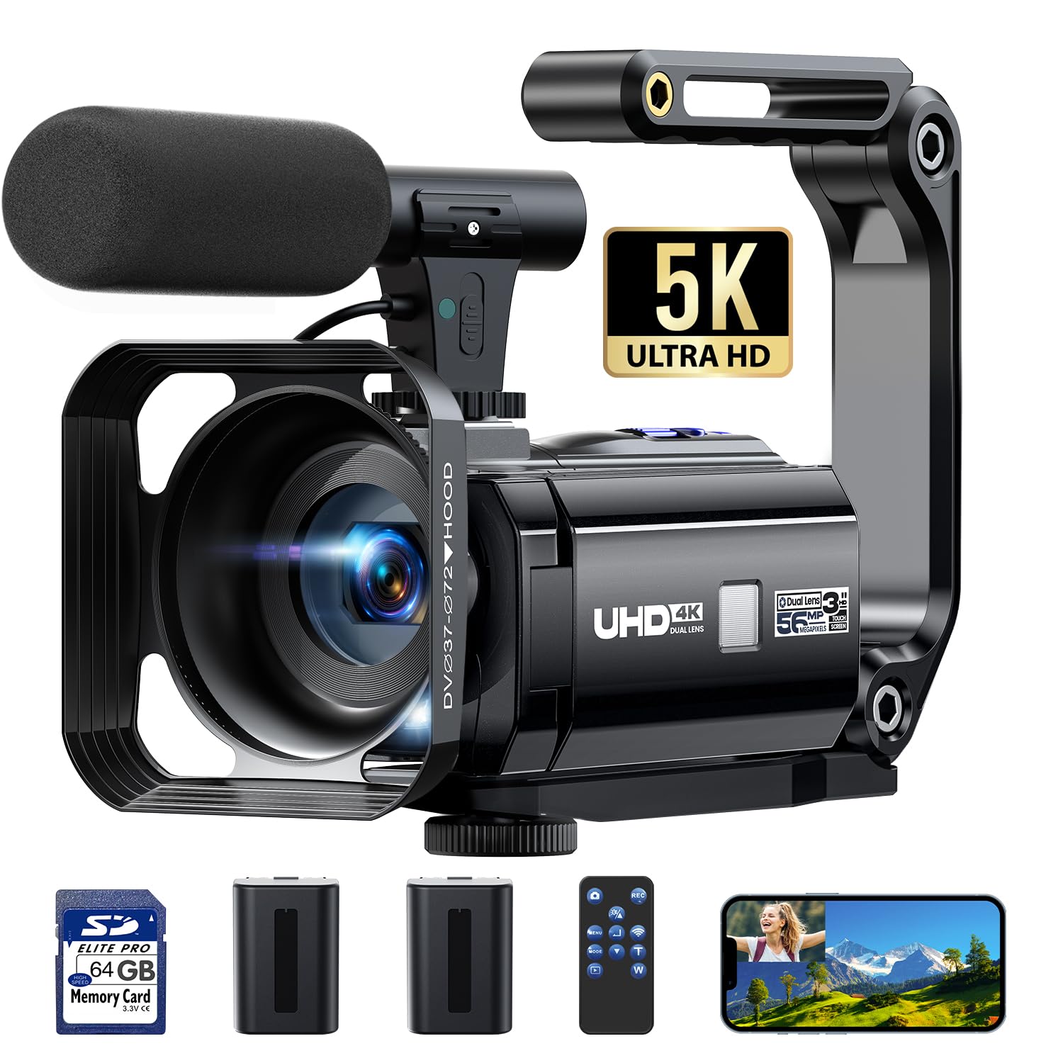 Camcorder Video Camera, 5K 56MP Vlogging Camera, YouTube 16X Dual Lens Podcast Camera with WiFi & Night Vision, 3" 270° Touch Screen Cam Corder with 64GB SD Card, 2 Batteries, Tripod, Mic, Remote