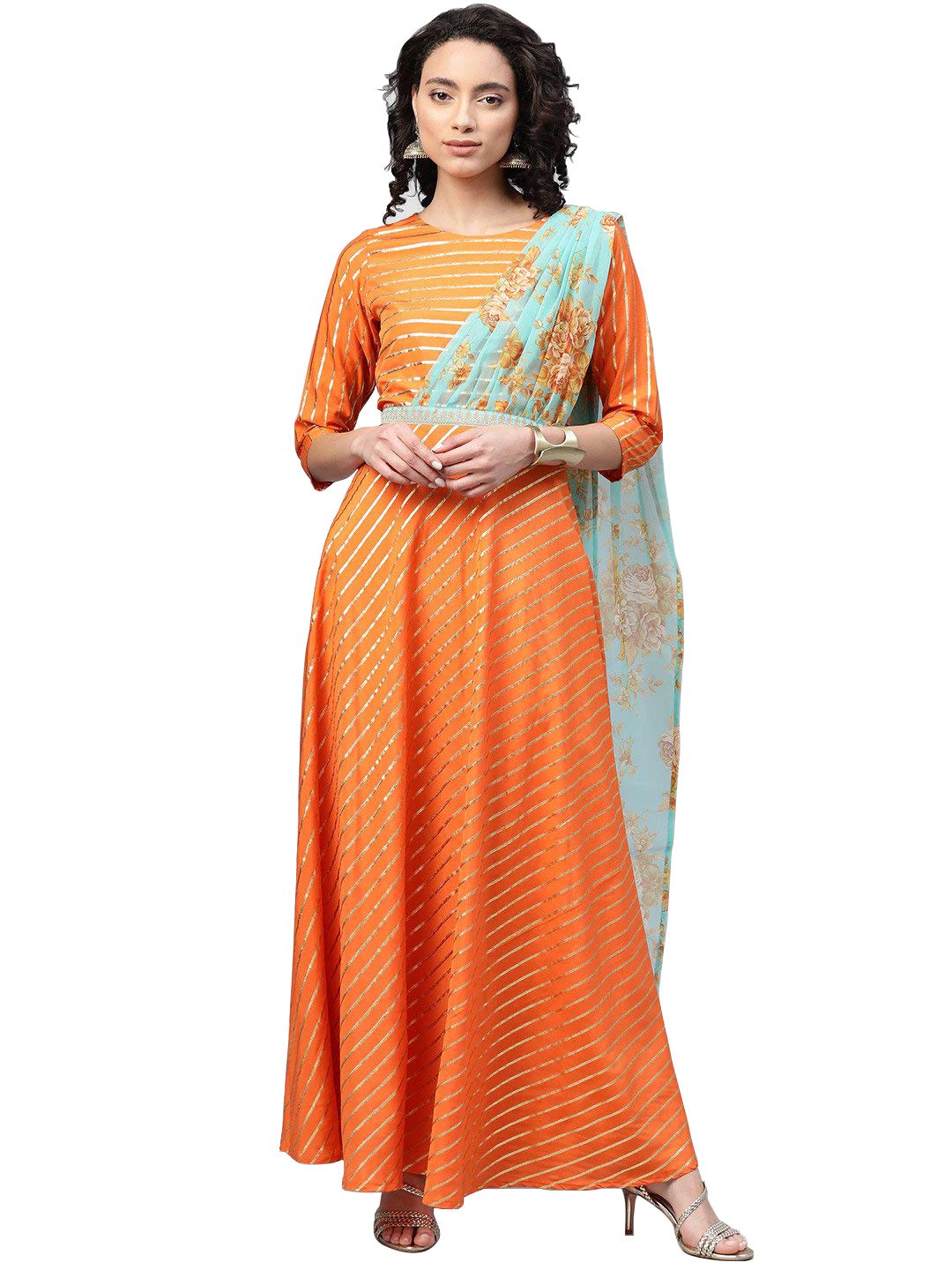 Ahalyaa Women's Orange Crepe Gold Print Kurta (AHKUCRFP-872)