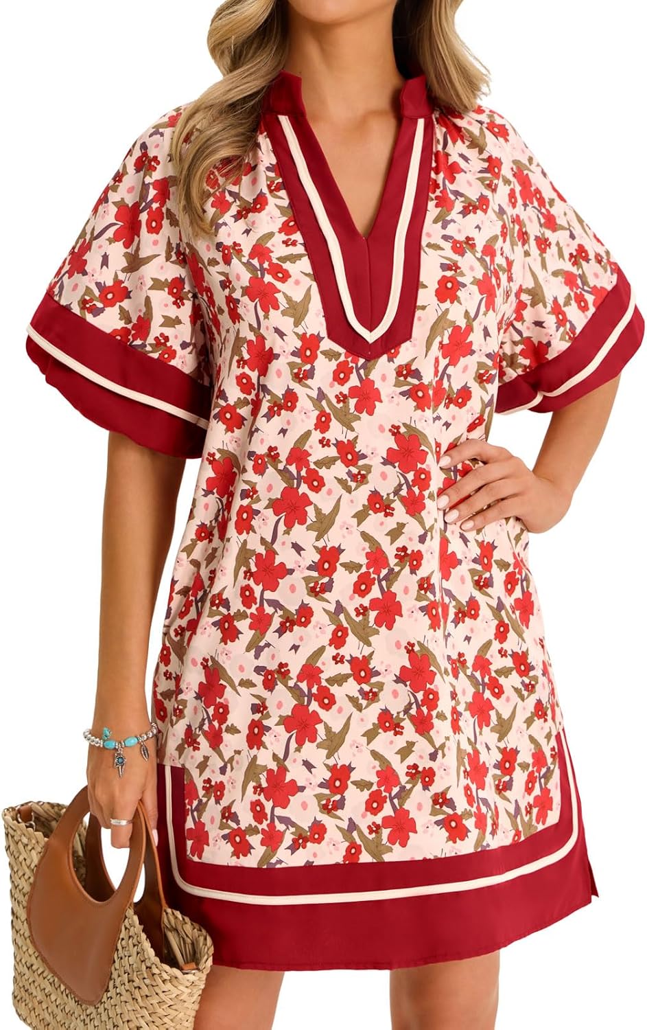 Wenrine Womens Summer Floral Shirt Dresses Puff Sleeve Casual V Neck Color Block Side Slit Loose Beach Mini Dresses