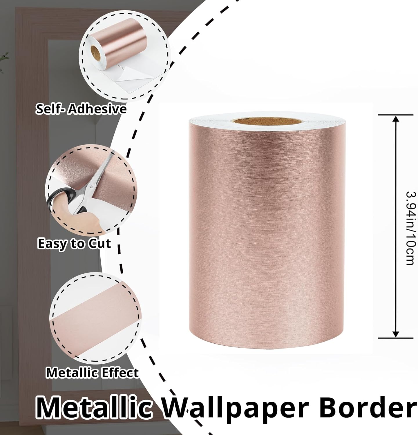Rose Gold Metallic Wallpaper Border Peel and Stick Pink Brushed Metal Mirror Frame Border Textured Wall Trim Self Adhesive Molding Trim Contact Paper for Kitchen Liner Mirror Girls Bedroom