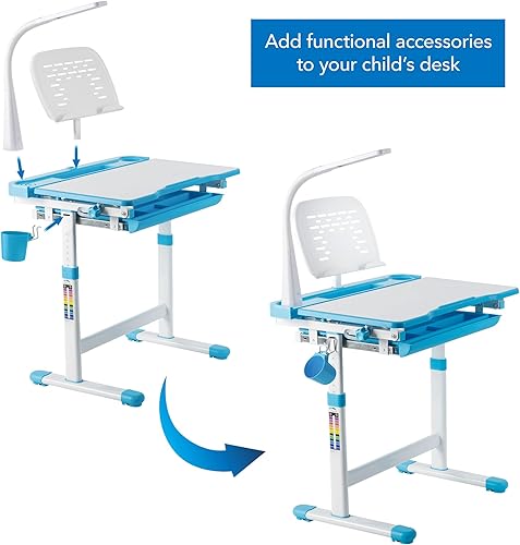 Miniatura 3 de Mount-It! Kit de accesorios para escritorio infantil de altura ajustable  Incluye lámpara LED, estante para libros y portalápices, azul, funciona