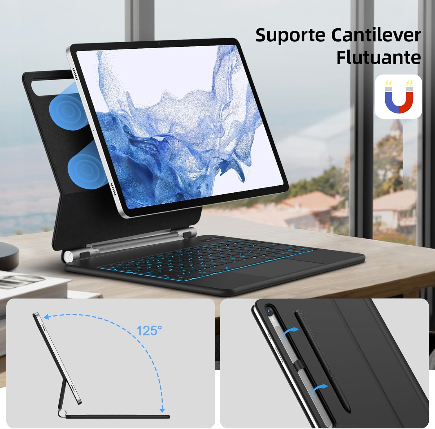 The keyboard case in floating cantilever mode, holding a tablet at an adjustable angle, with a magnetic S-Pen holder visible.