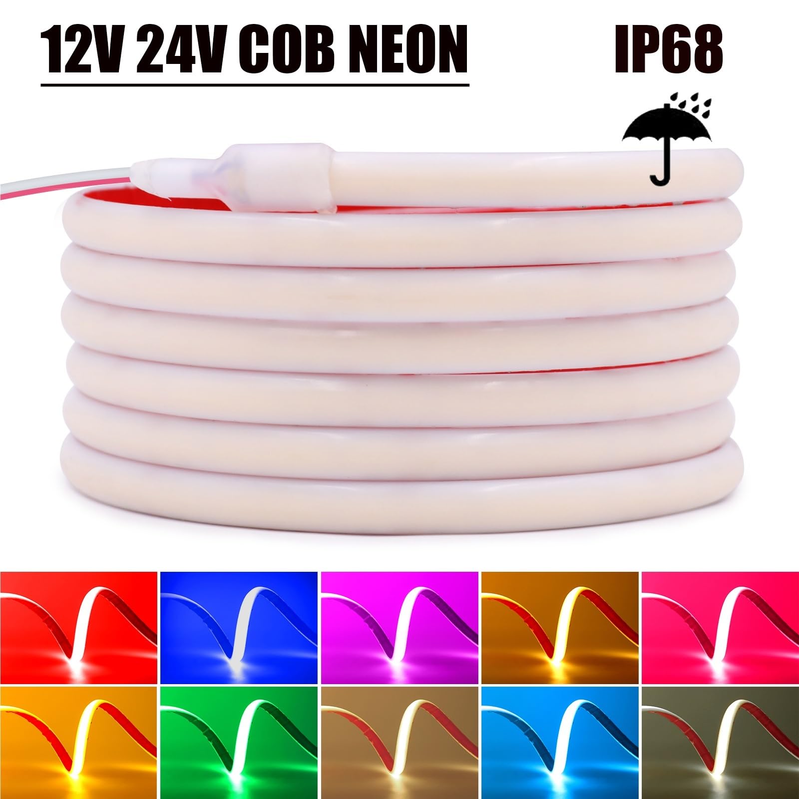 Wodoodporna taśma neonowa COB IP68 | 12 V/24 V, 320 diod LED/M, 0,5-10 m, biały/lodowy niebieski/różowy/żółty/czerwony (DC 12 V, niebieski, 4 m)