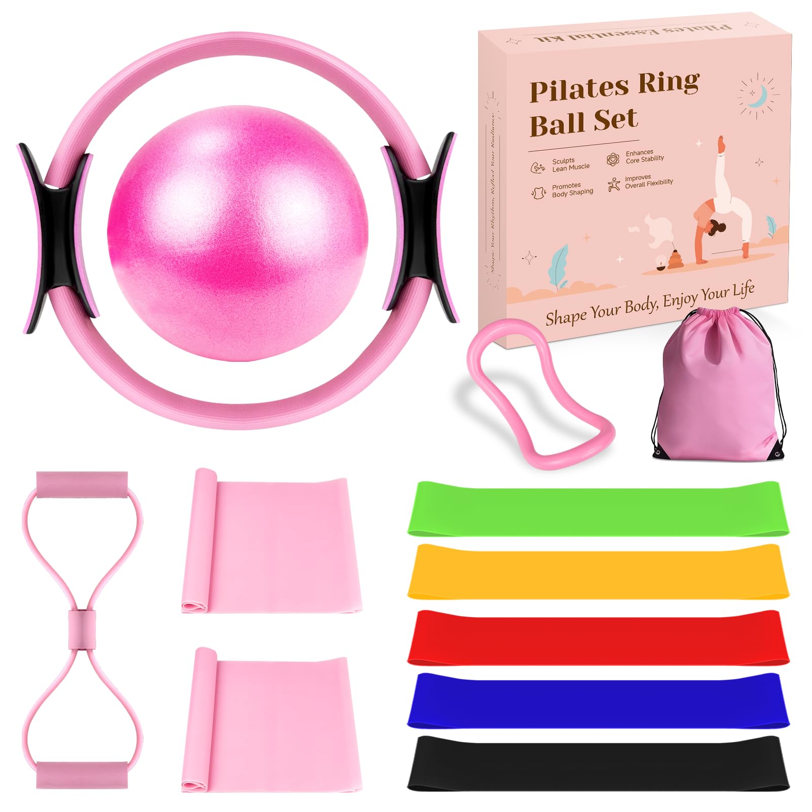 Jomzuci 13 Teiliges Pilates Set, Pilates Ball Ring Zubehör Set für Zuhause Mit Yoga Ring, Ball, Elastic Band Fitness und Zubehör, Pilates Essential Kit für Frauen als Fitness Geschenk (Rosa)