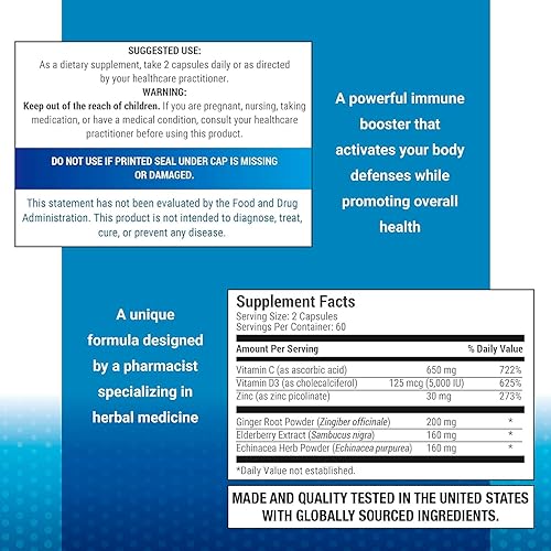 Miniatura 2 de Apoyo inmunológico 6 en 1, 120 cápsulas con potente mezcla de saúco, equinácea, jengibre, vitamina C 650 mg, vitamina D3 5000 UI y picolinato de