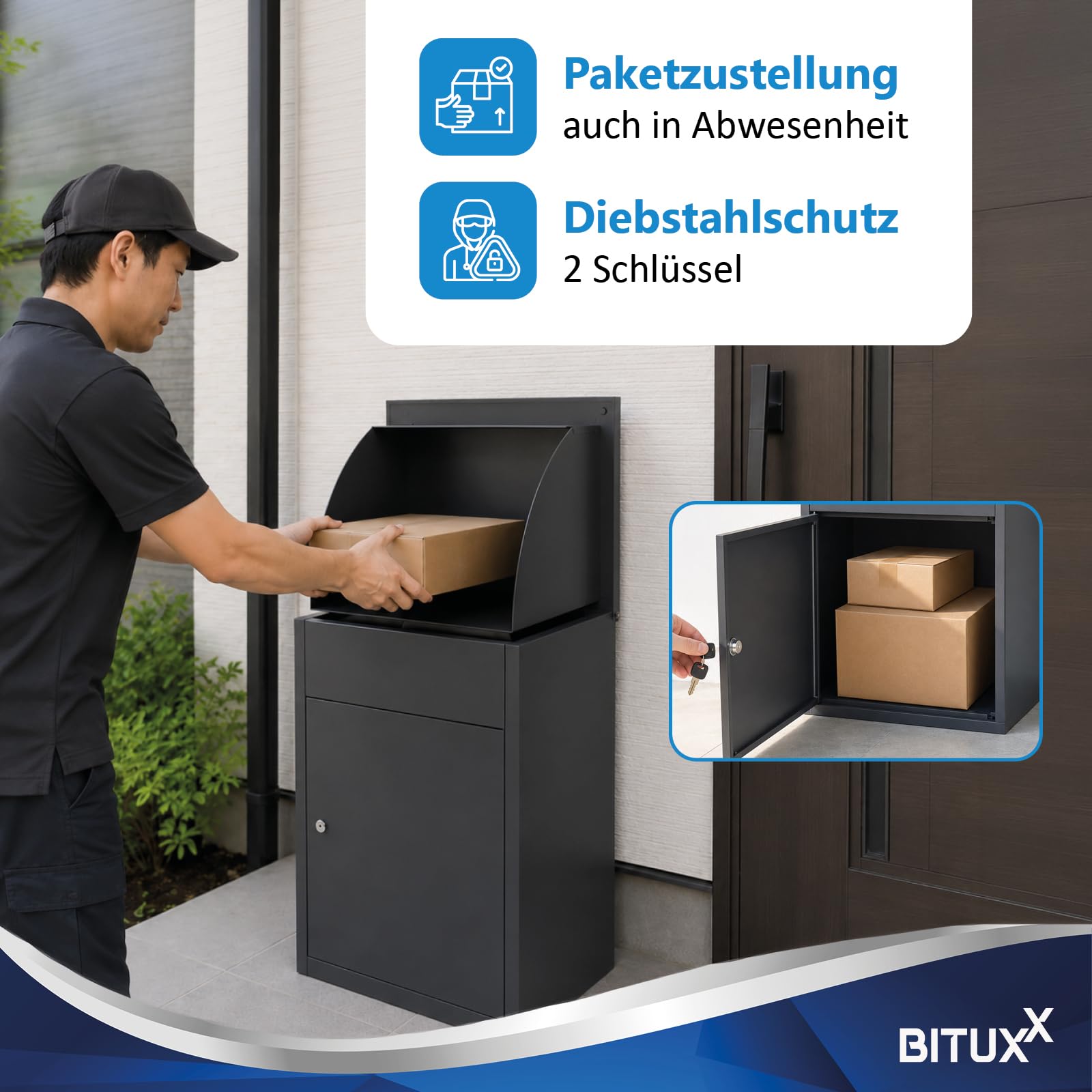 Bituxx Paketbox Größe M 54 × 45 × 35 cm - abschließbarer Paketkasten für kleine Pakete bis 37 × 28 × 15 cm, wetterfest, Soft-Close, 2 Schlüssel, Wand- & Bodenmontage, Anthrazit