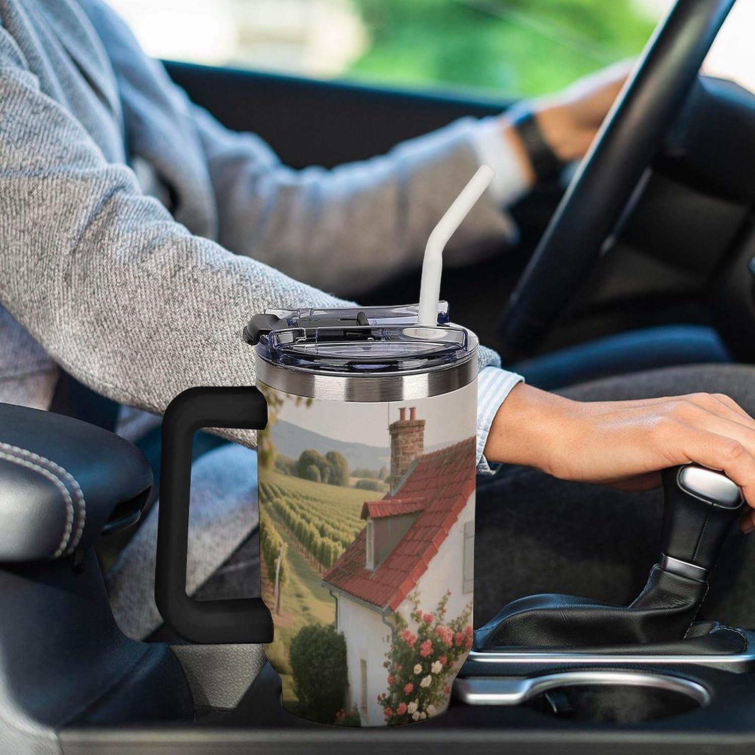 40 Oz Stainless Steel Tumbler with Straw - Leakproof Lid | BPA-Free | Cup Holder Friendly, French Country Coffee Cup Vacuum Insulated Travel Mug for Hot & Cold Drinks