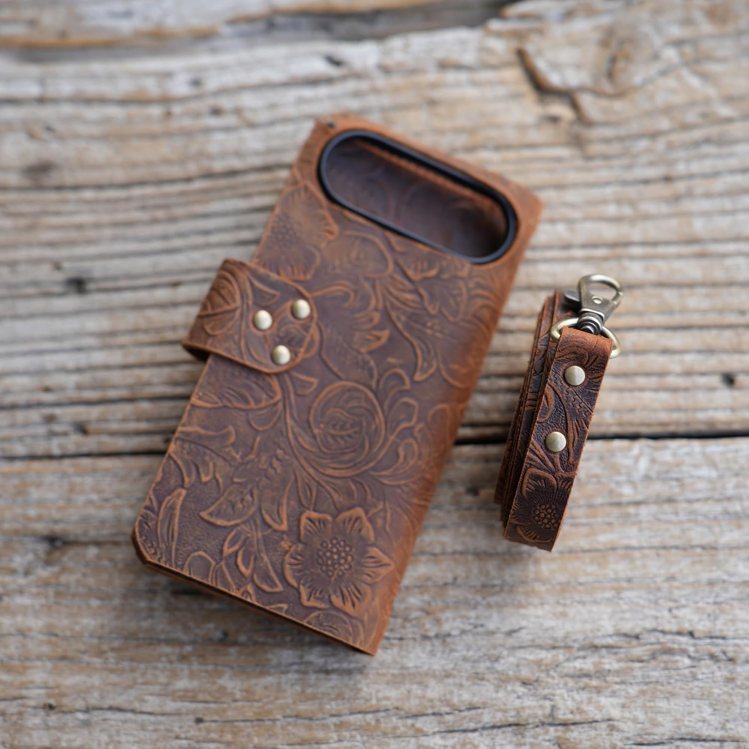 JJNUSA Handmade Genuine Leather Distressed Book Wallet for iPhone 17 air Wallet Case with Wristlet Brown