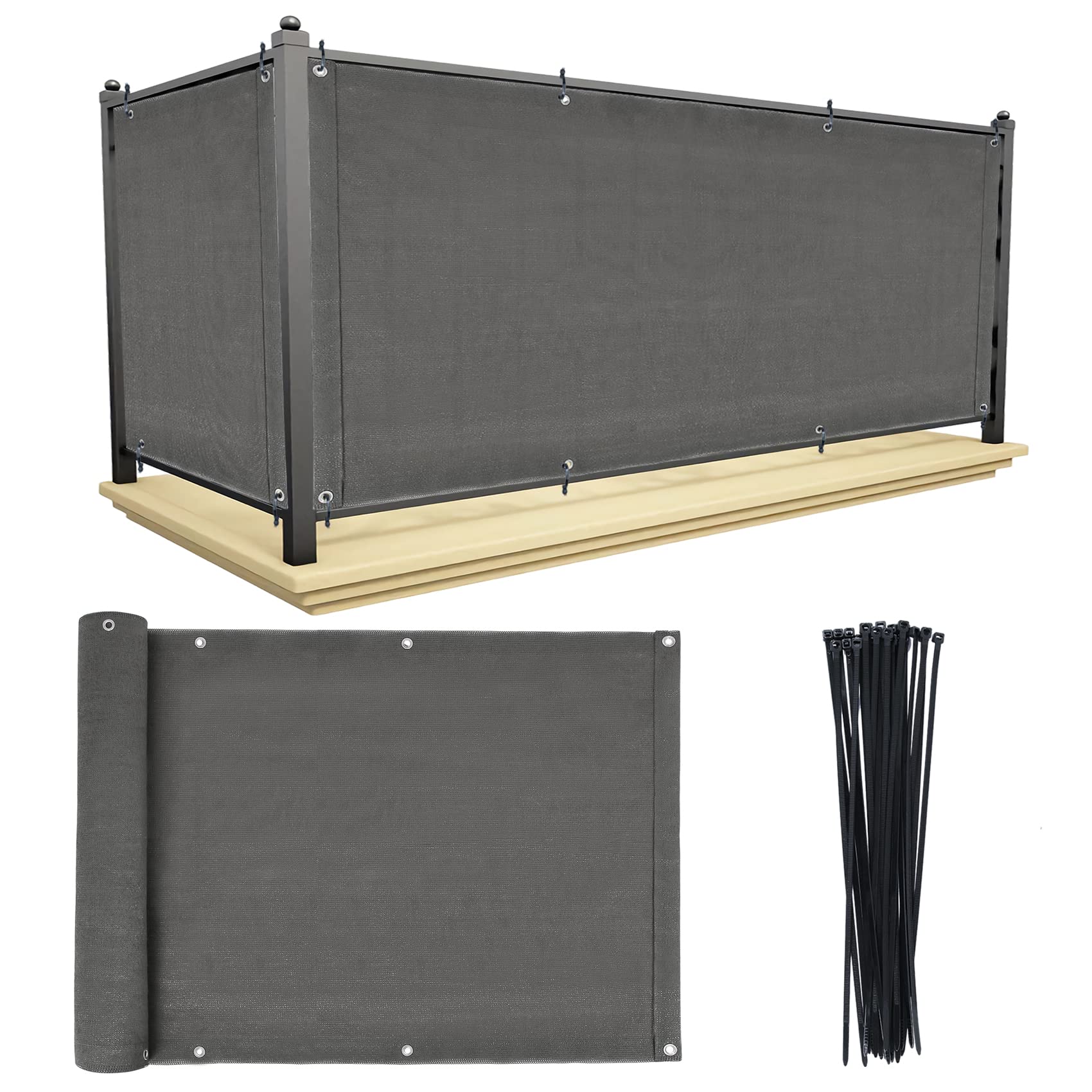 GLOBREEN Balkon-Sichtschutz Grau - 91x488 Cm, HDPE 185 GSM, UV-Schutz, Mit Kabelbindern