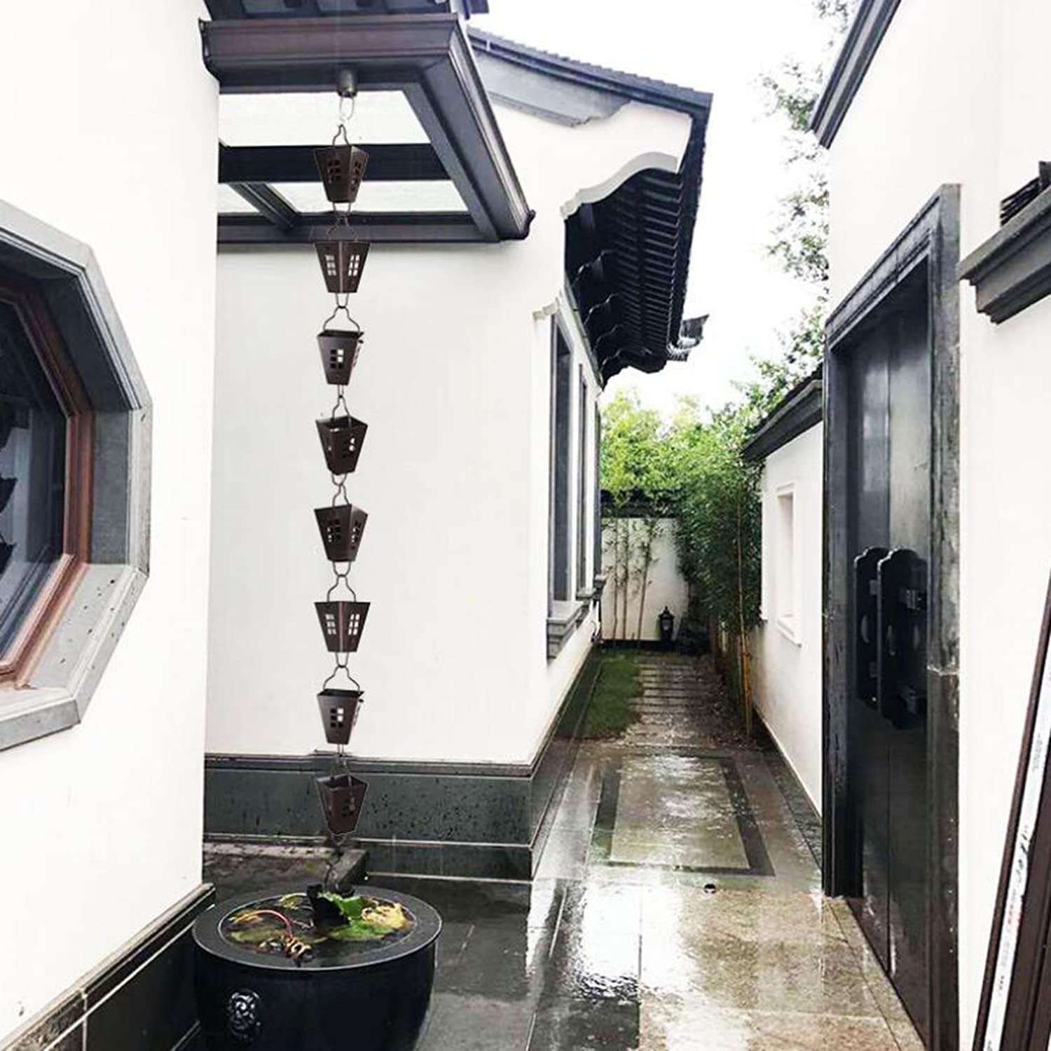 レインガターチェーン雨樋 キット台形カップ形状の鎖樋全長1メートルガーデン コーヒー色 テンプル ヴィラの場合 新着セール テンプル