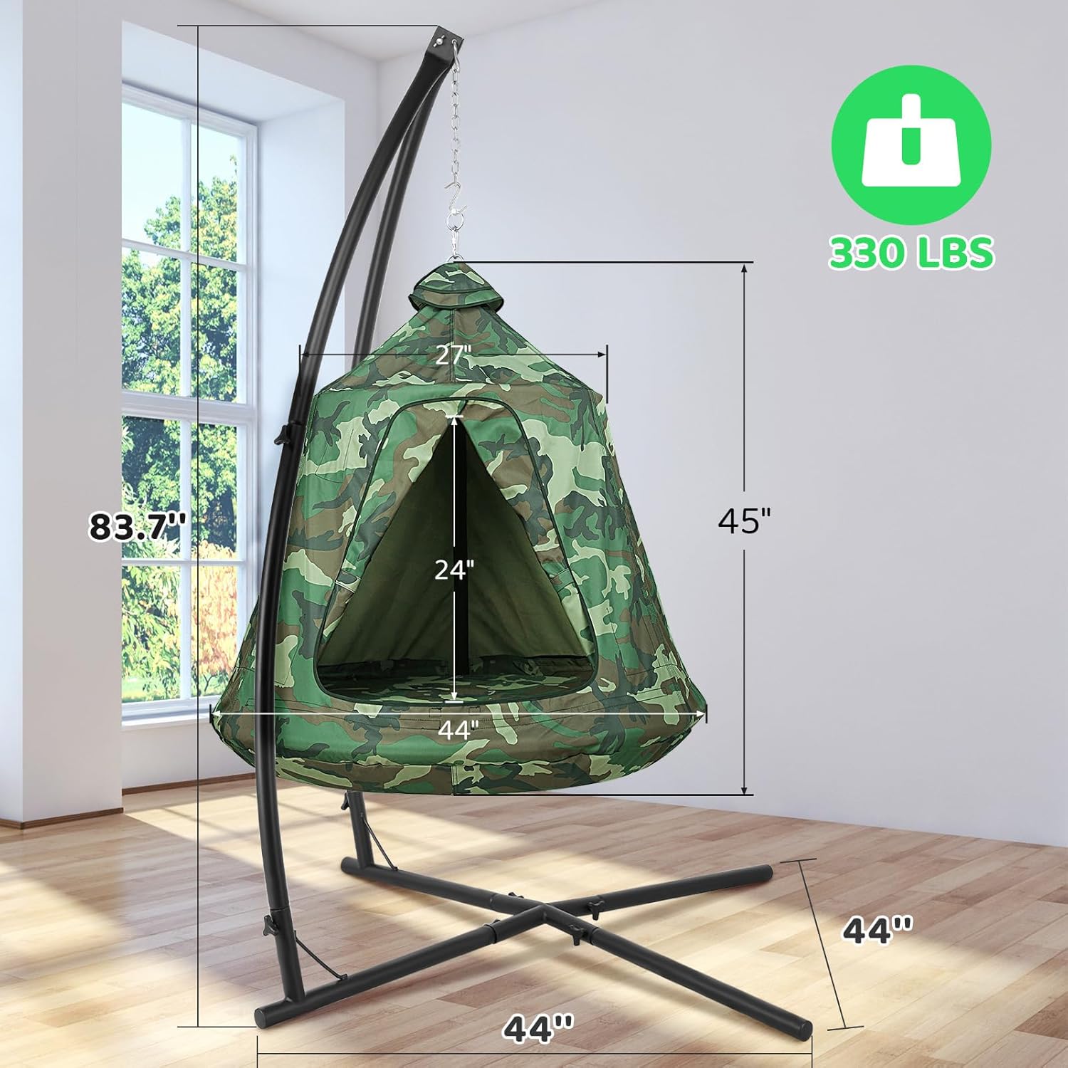 Arlopu Hanging Hammock w/Tree Tent, Indoor Metal Swing Chair w/Play Tent, Outdoor Egg Basket Patio Seat w/Adjustable Solid Stand (Camouflage)