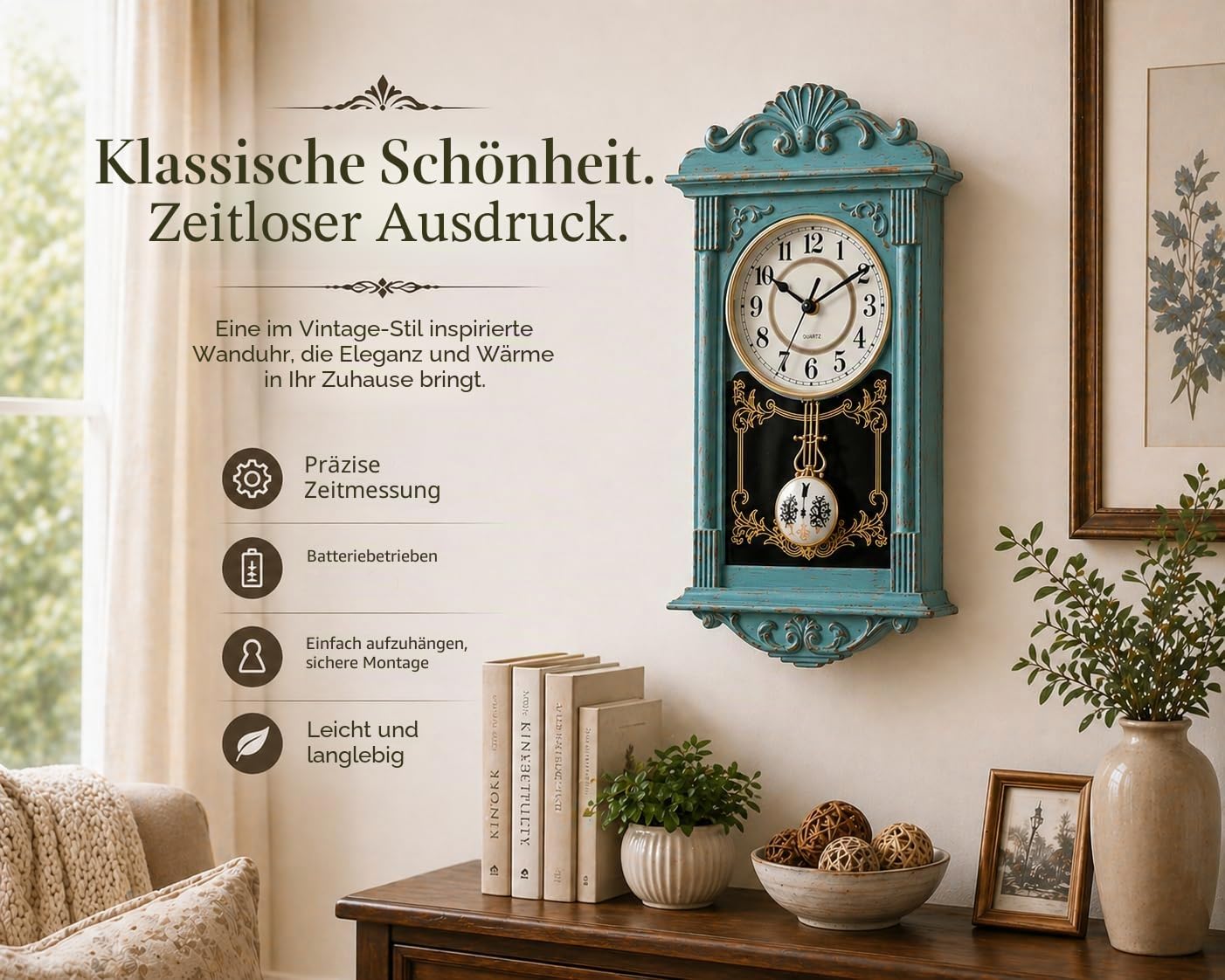 Clockswise Vintage Großvater Holzoptik Kunststoff Pendel Dekorative Batteriebetriebene Wanduhr für Büro, Heimdekoration, Wohnzimmer, Küche oder Esszimmer, Blau mit Gold Distressed Design