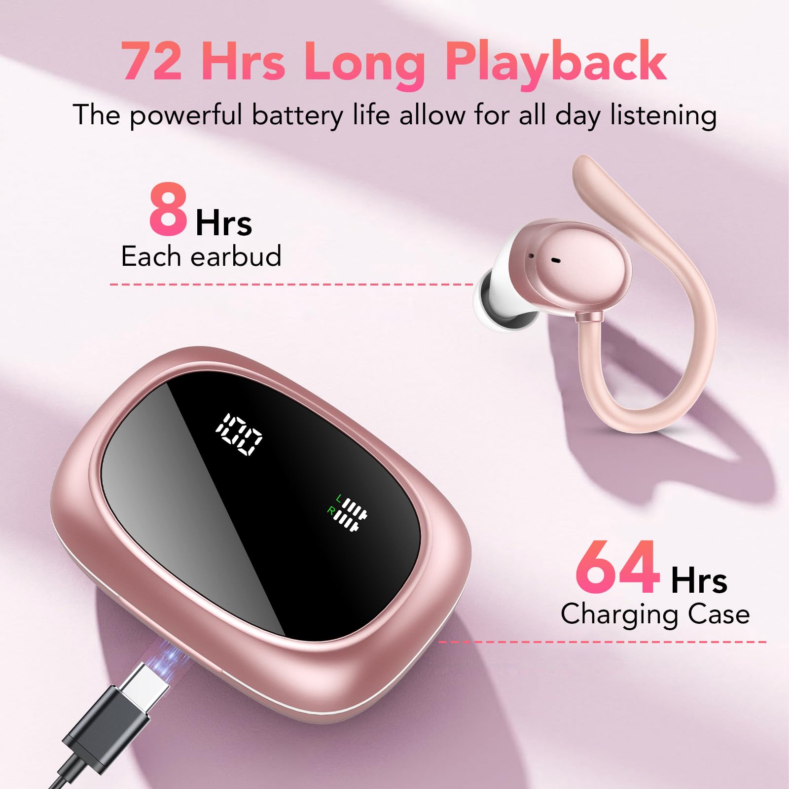 Auriculares Inalambricos, Auriculares Bluetooth 5.3 Deportivos con Gancho de la Oreja, 72H Cascos Inalambricos Bluetooth con Cancelacion Ruido ENC, Pantalla LED, Ajuste Cómodo,IPX7 Impermeable Cascos — view 3