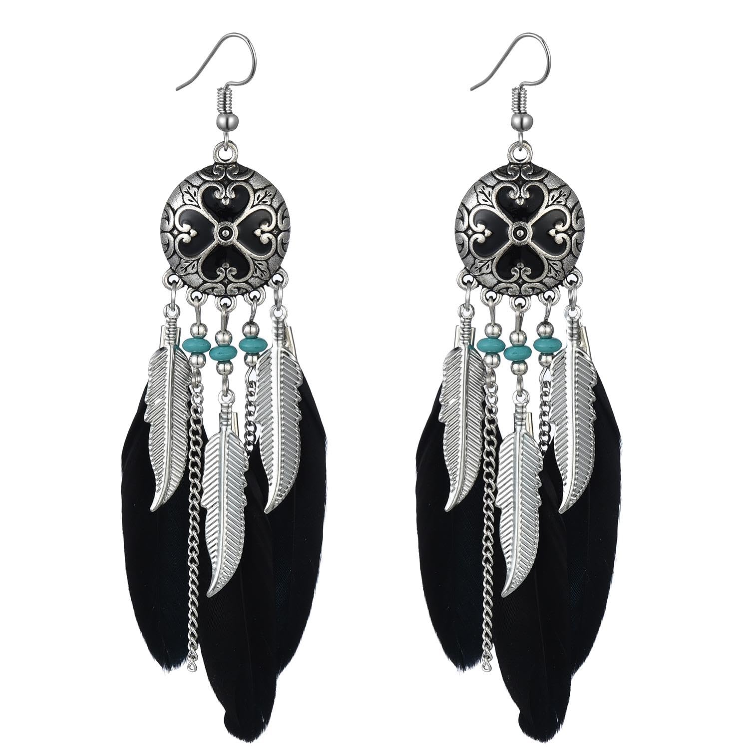 Boho Long Enamel Feather Dangle Drop Statement Stud Earring for Women Bohemian Ball Beaded Turquoise Tassel Dangling Link Piercing Fish Hook Earrings