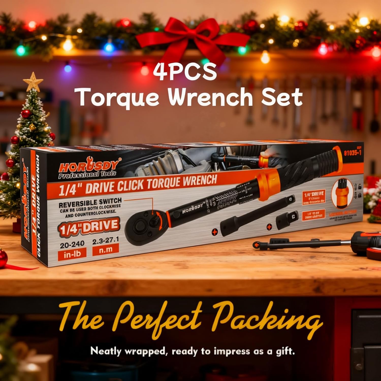 HORUSDY 1/4" Torque Wrench 4PCS Set, 20-240 in-lb Click Torque Wrench with 3" Extension Bar & 1/4" to 3/8" Adapter, Cr-V Inch Pound Torque Wrenches for Bike, Motorcycle & Small Engine Repair 1/4" drive with 3" Extension Bar & 1/4" to 3/8" Adapter 20-240 in.l