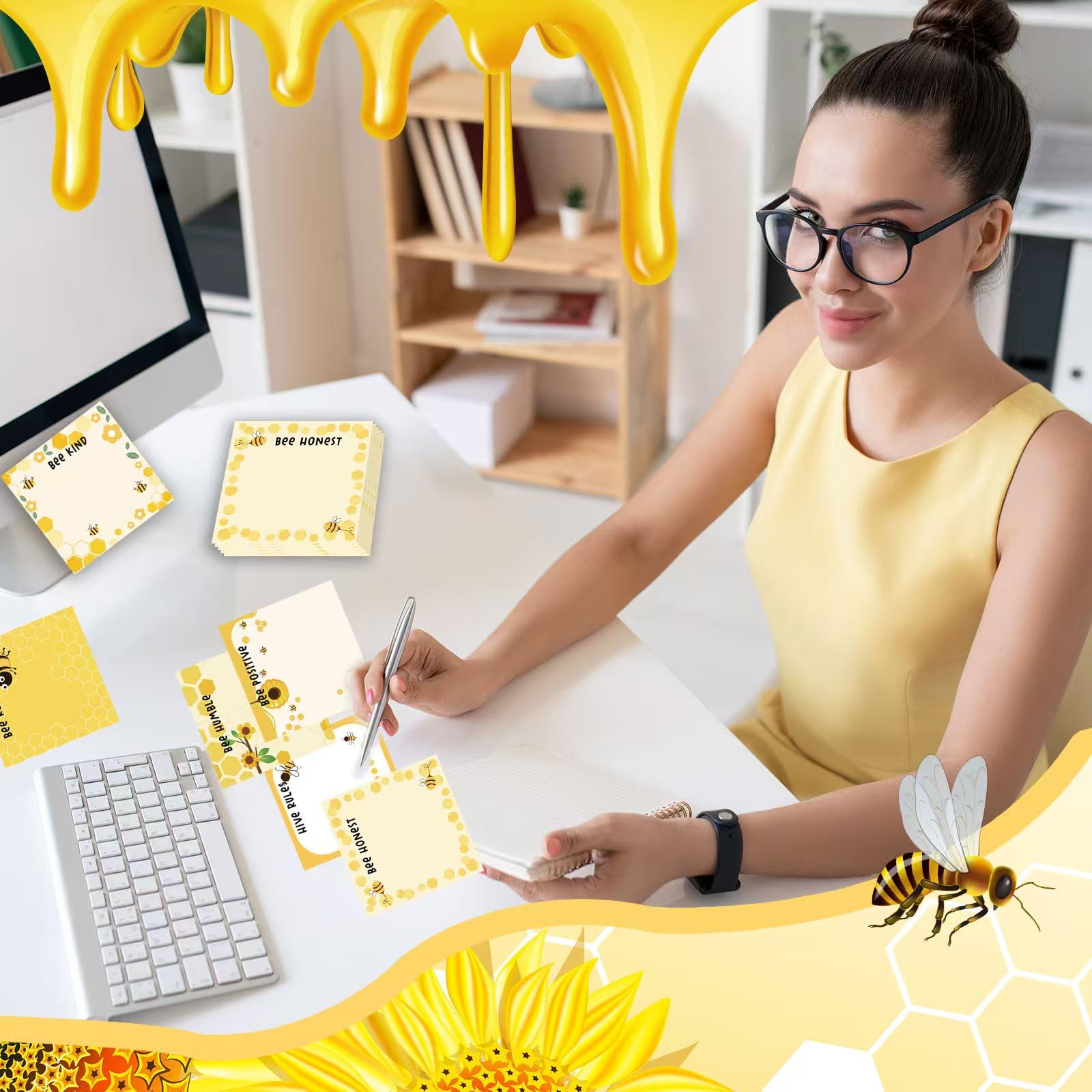 Honey Bee 24 Pack Bee Theme Sticky Notes - 3x4 Inch Cute Memo Pads For ...
