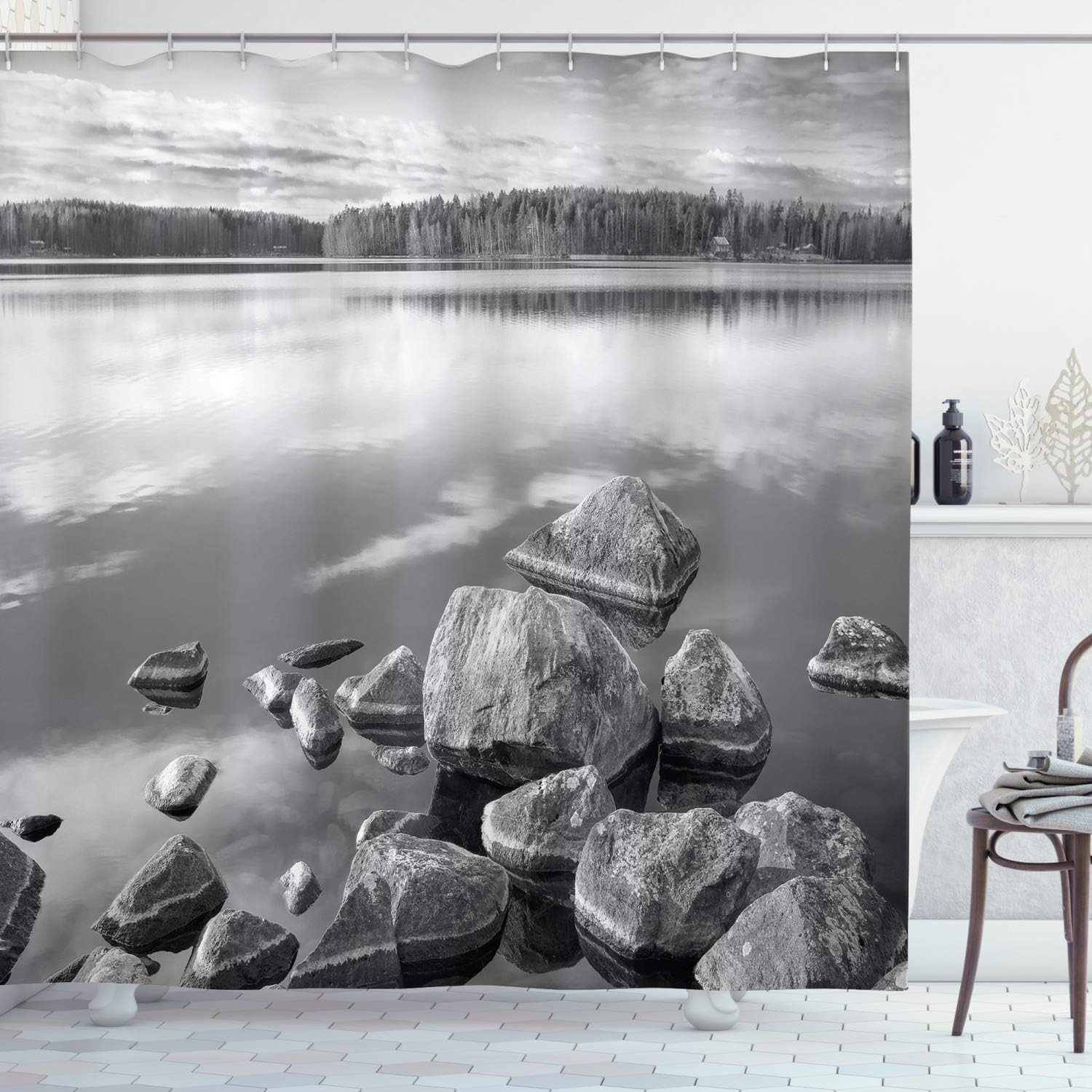 Ambesonne Black and White Shower Curtain, Rocks in Water at Shore of Lake Autumn Isolation Tranquility Environment, Cloth Fabric Bathroom Decor Set with Hooks, 69" W x 84" L, White Charcoal Grey
