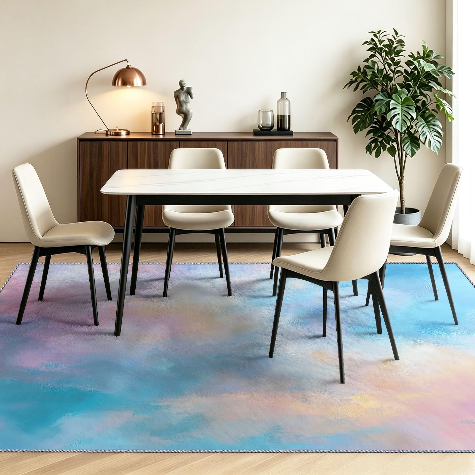 Tapis Salon Féerique 180 x 240 cm Nuage Brume Dégradé Lavable en Machine Rug | AntidéRapant Poil Ras, pour Salle de Bains, Chambre, Salle à Manger et Cuisine, Bleu