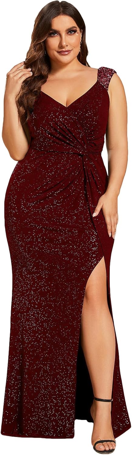 Ever-Pretty V Neck Glitter Plus Size Prom Dress Sleeveless Slit Bodycon Formal Dresses for Women Ball Gowns