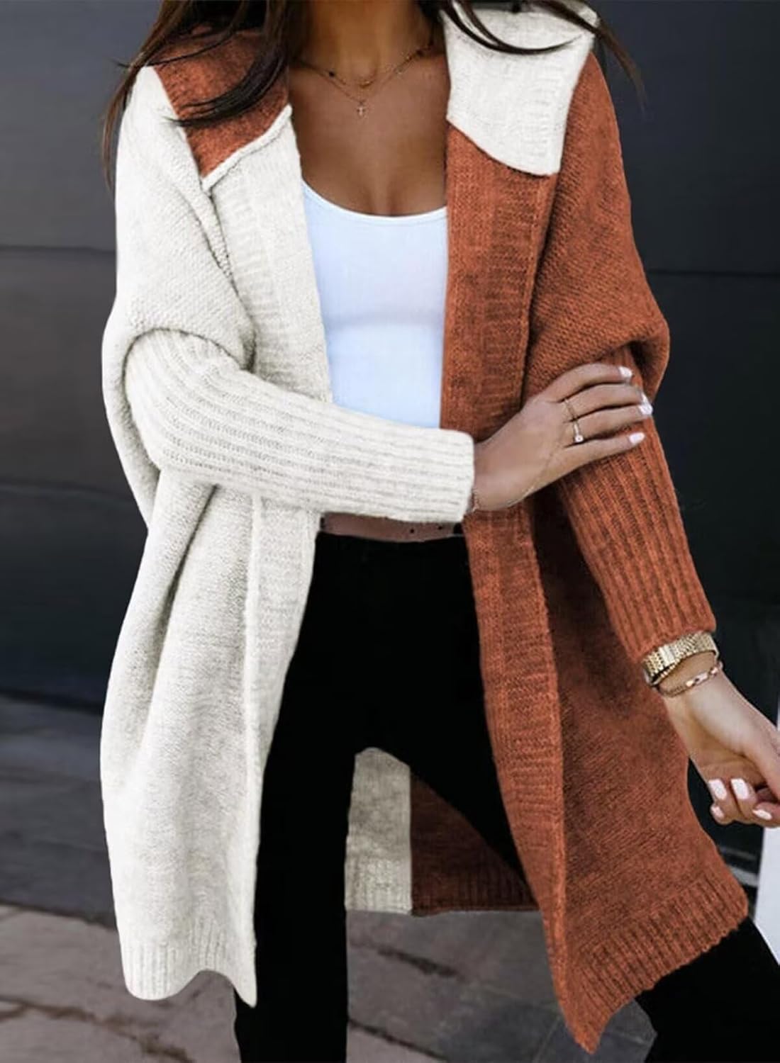 Astylish Women 2026 Fall Outfits Open Front Long Sleeve Hooded Knit Cardigan Sweaters Color Block Outwear Coats - Image 2