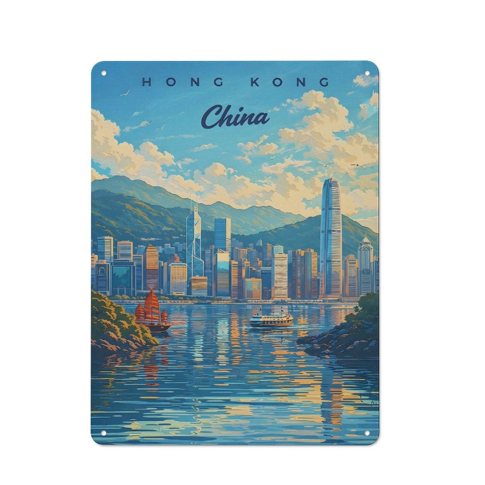 Junmoney Style Hong Kong Skyline Painting Tin Sign 40X30cm, Vintage Home Bar Decor For Cafe, Pub, Workshop Or Home Bar, For Relaxed Wall Styling