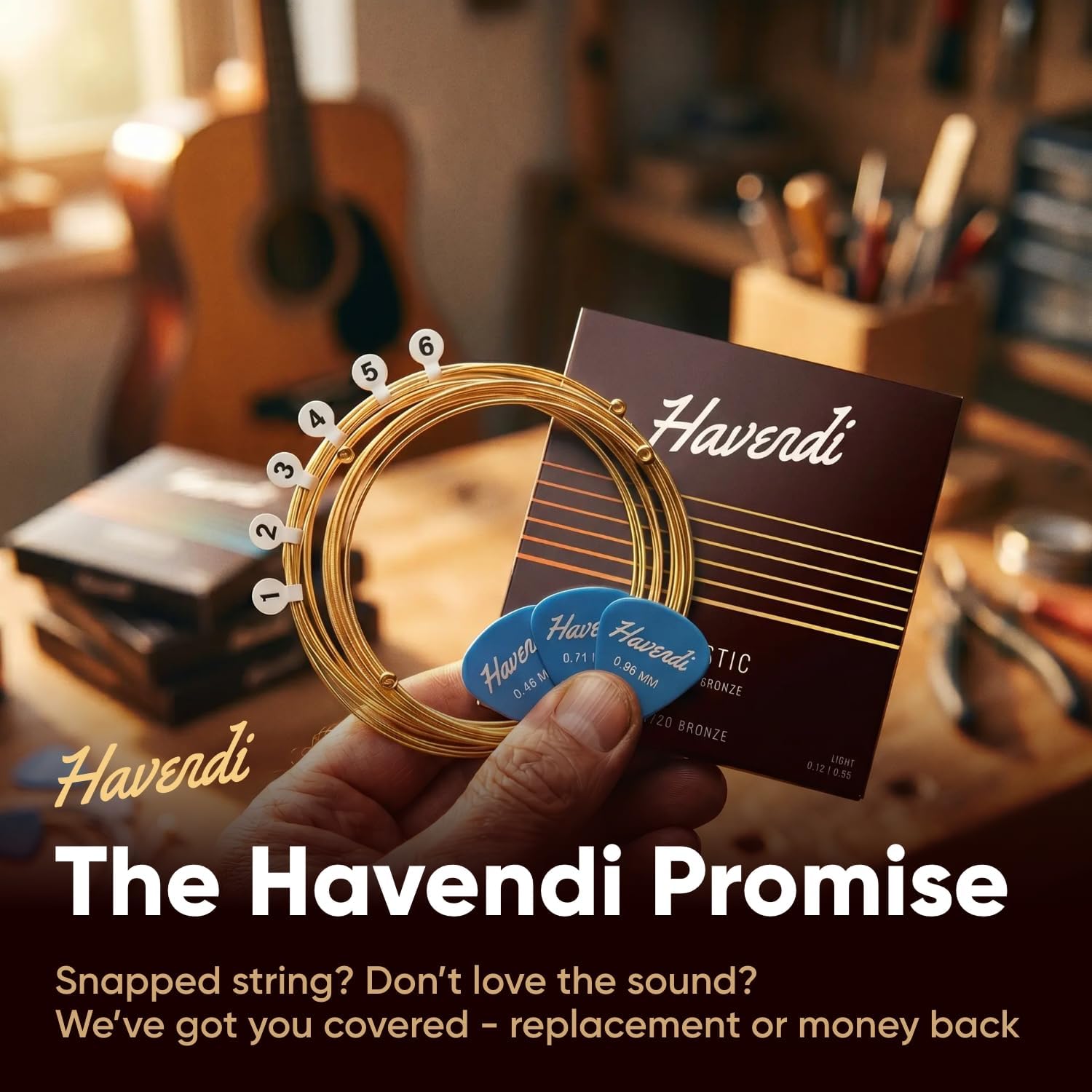 HAVENDI® Acoustic Guitar Strings 80/20 Bronze Coating I Brilliant Sound Quality I Includes 3 Picks (Light 12-53, 1 Set)