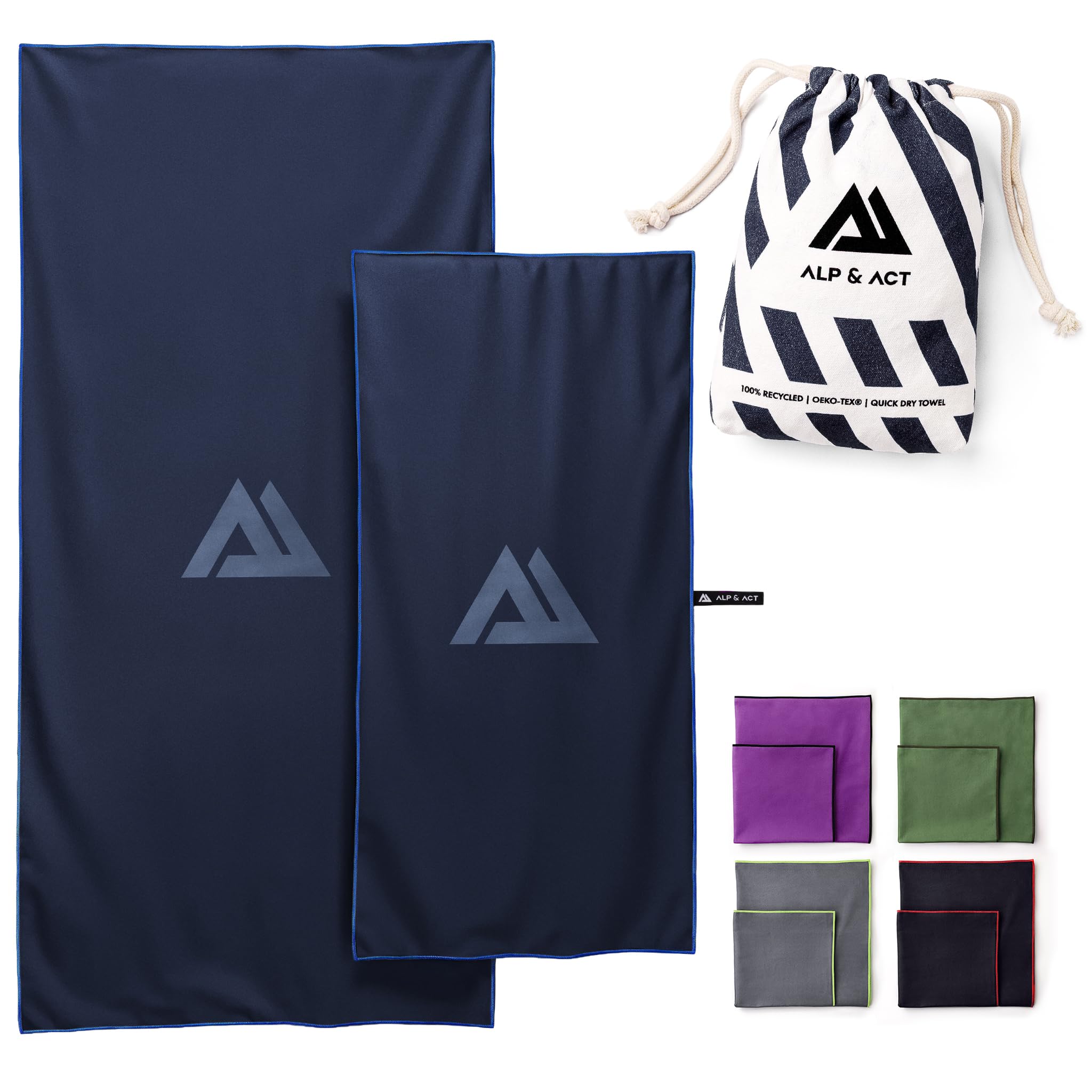 ALP & ACT Microfibre Towel Set of 2-100% Recycled - SUPER LIGHTWEIGHT & Quick Dry - 150x70 cm + 100x50 cm - Extra Compact for Travel, Camping, Holiday - Large & Small - blue