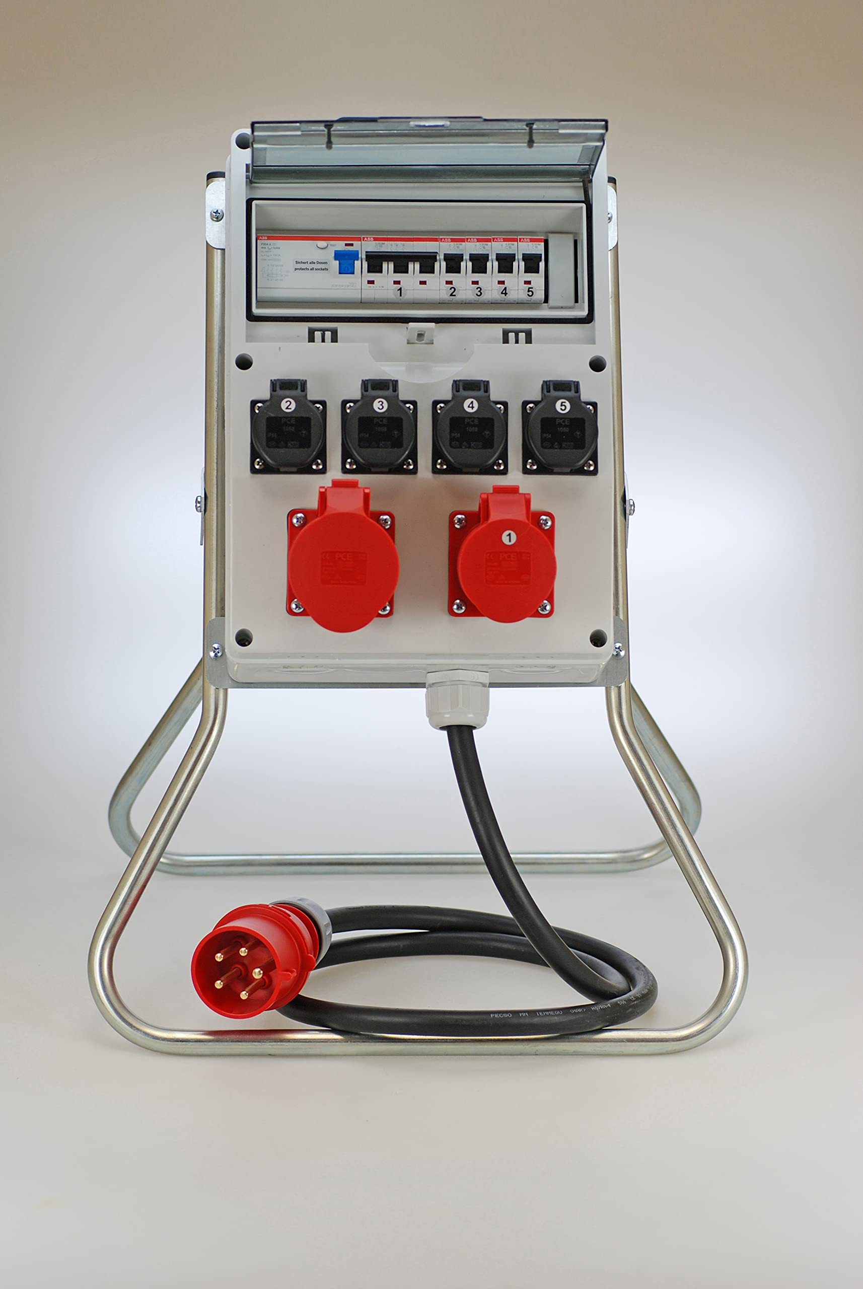 Ehmann PROFI Verteiler mit Gestell und FI/LS Schalter, Made in Germany, 6 Ausgänge (1 x CEE 32 A / 1 x CEE 16 A / 4 x 230 V~), 2 m Zuleitung H07RN-F 5G 6,0mm², IP54, K2, BGI-GUV-I608
