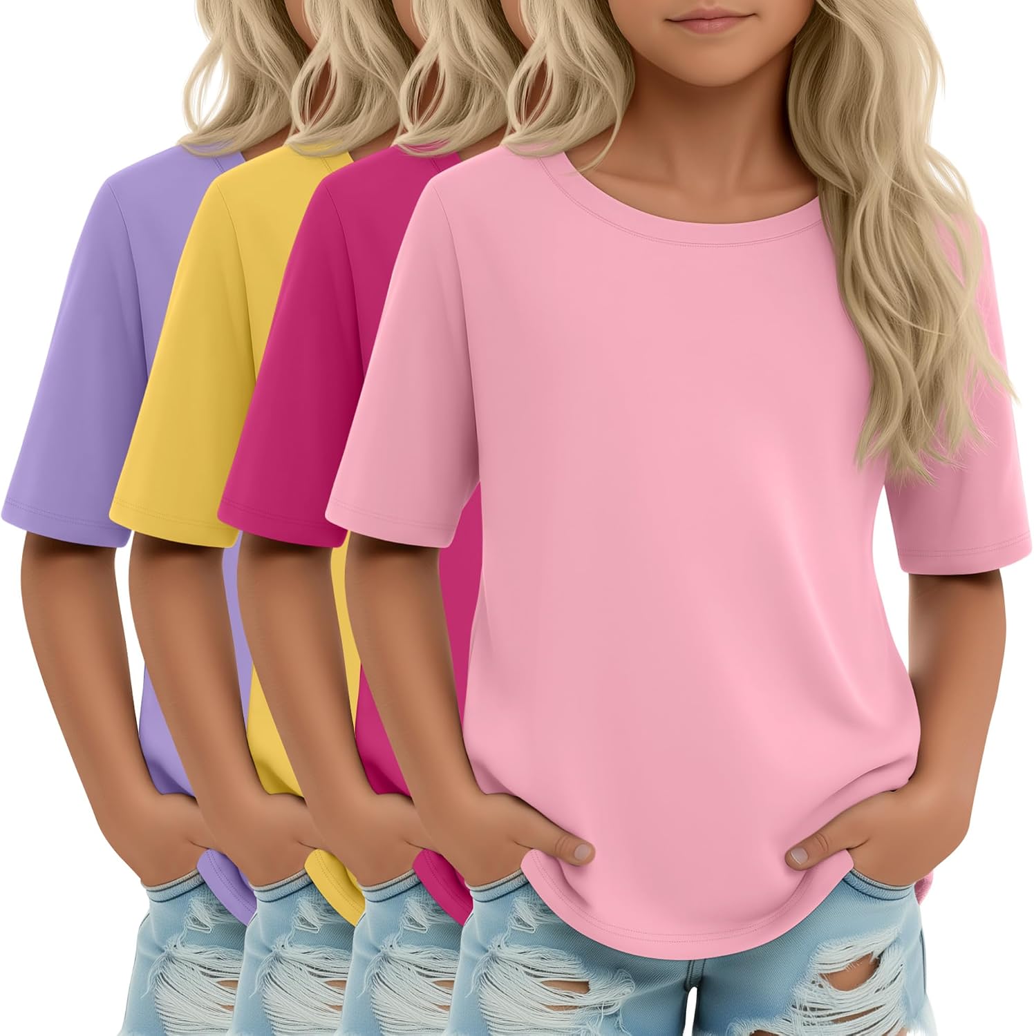 4 Pack Girls' Shirts Half Sleeve Elbow Length Loose Fit Tops Teen Summer Curve Hem Tunic Trendy Tees 5-14 Years