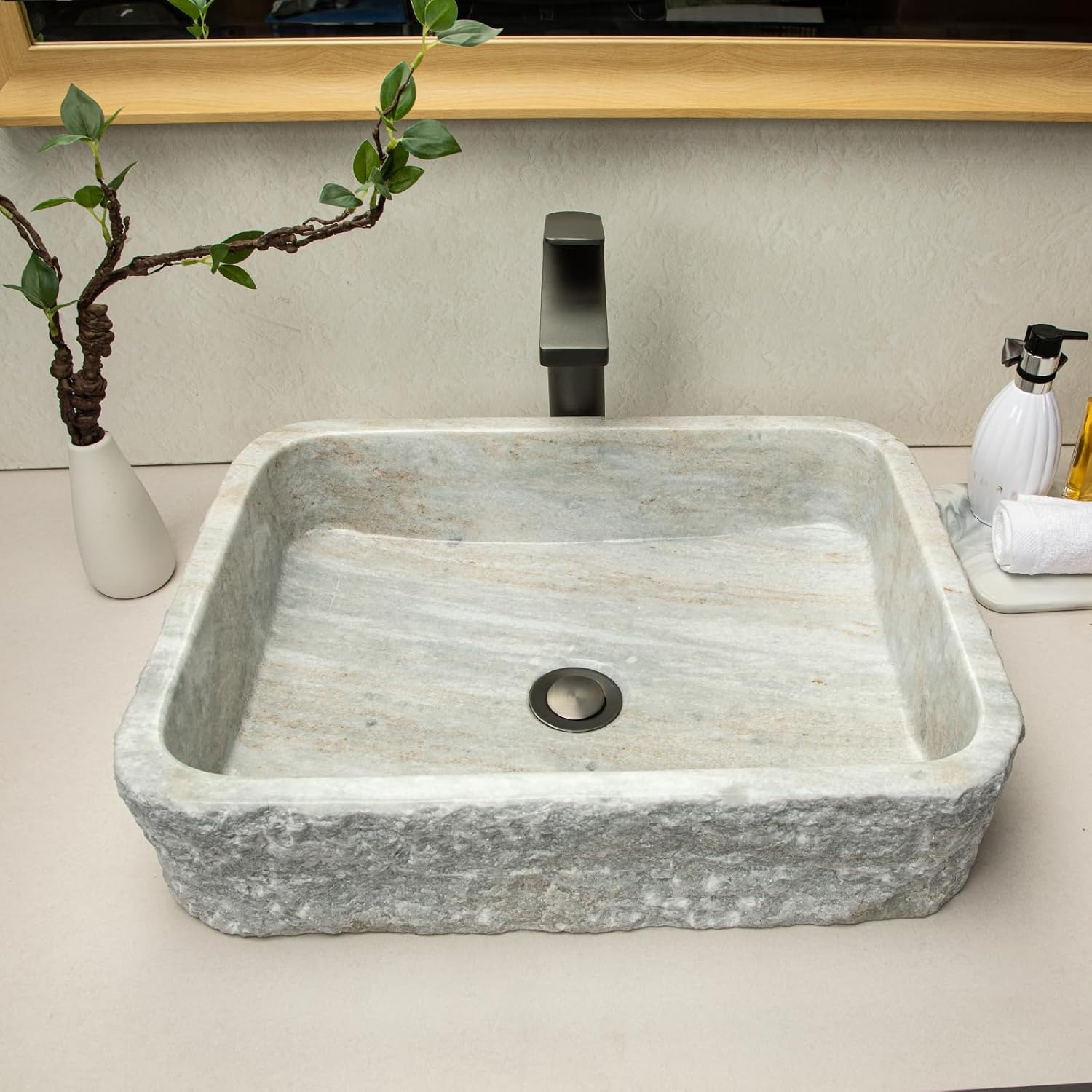 Rustic White Striped Rectangular Marble Sink, 18.9" x 14.9" x 4.7", Countertop Installation, 0 Holes, Polished Finish, Grid Drain