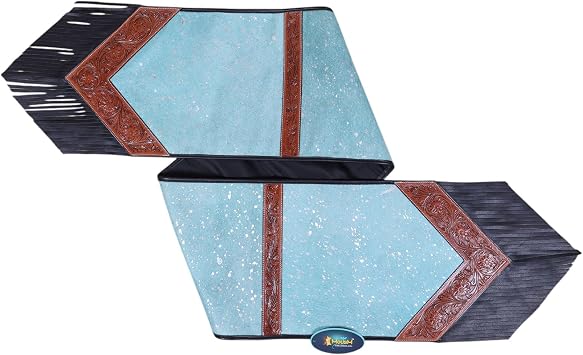 Turquoise Acid Wash Leather Table Runner Square-Cut Design with Tooled V-Edges, Patch Dividers & Fringe 72" x 12" Handcrafted Rustic Decor by MOUSM